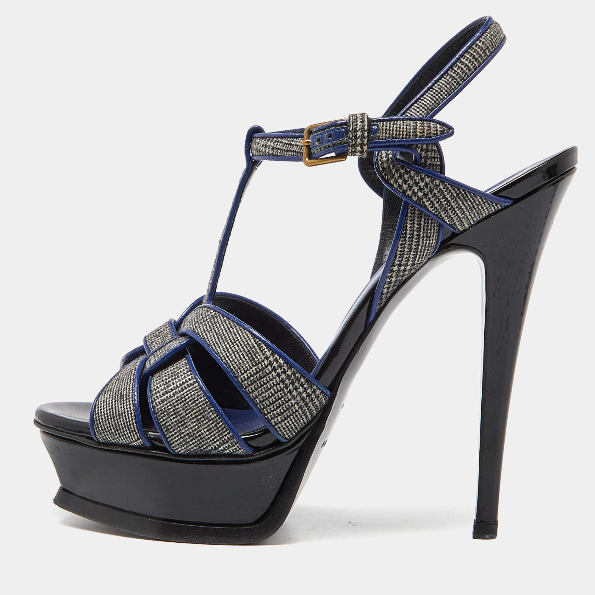 Pre Owned Yves Saint Laurent Grey/Blue Fabric and Leather Tribute Ankle Strap Sandals Size 37.5