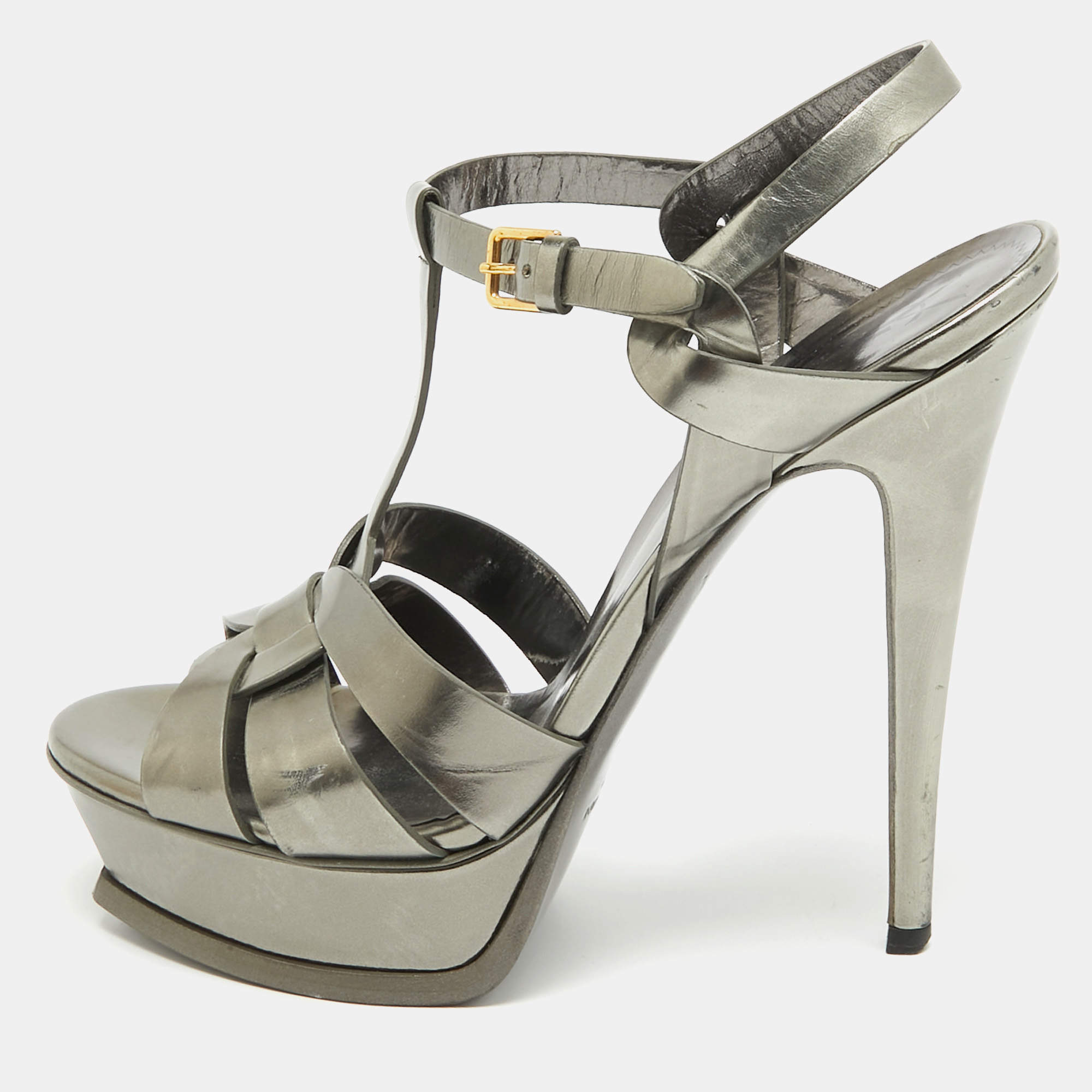 Yves Saint Laurent Metallic Grey Leather Tribute Sandals Size 39