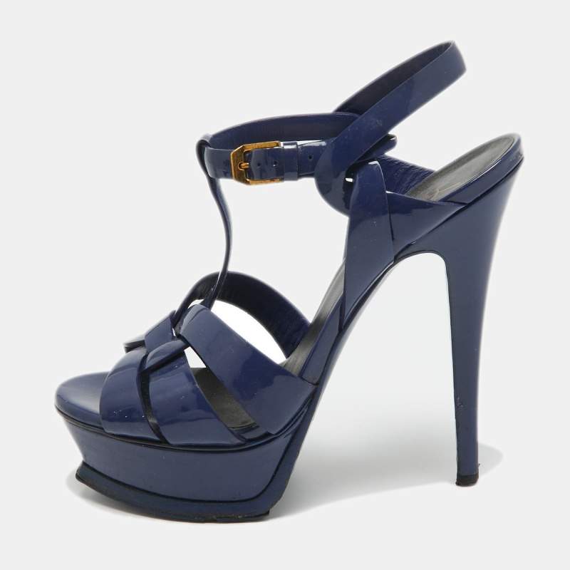 Pre Owned Yves Saint Laurent  Blue Patent Tribute Ankle Strap Sandals Size 36