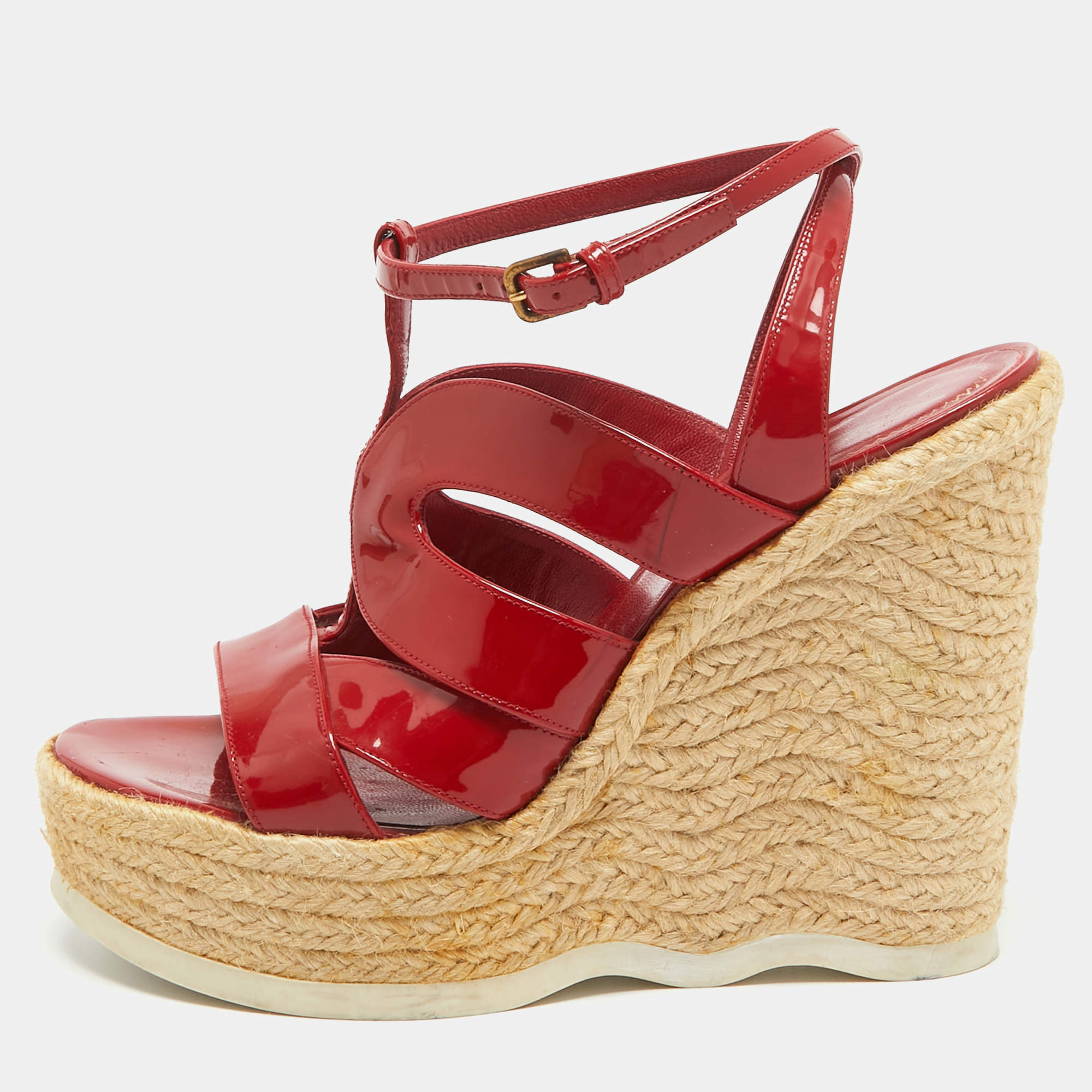 مملوكة مسبقًا Yves Saint Laurent Red Patent Wedge Ankle Sandals Size 39.5