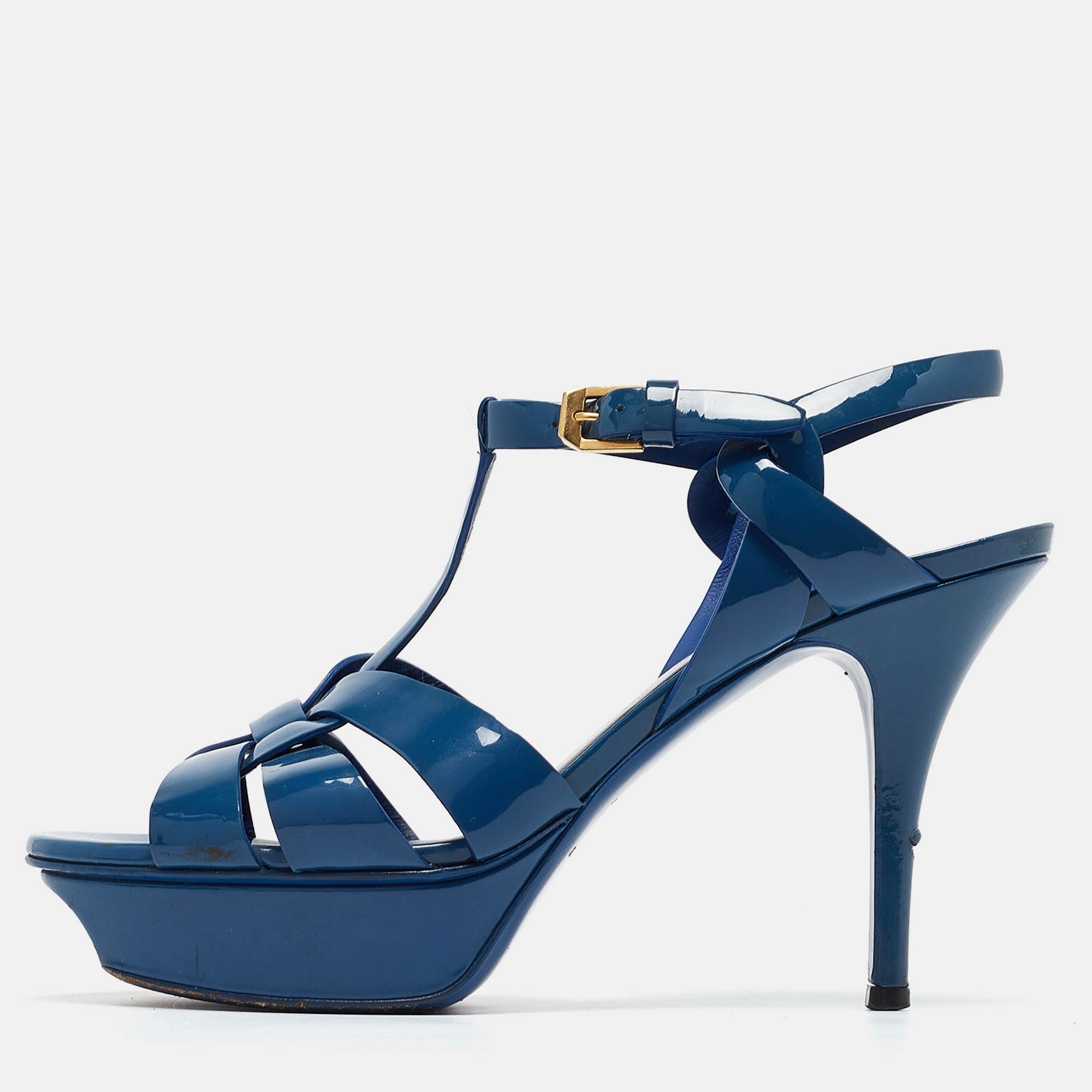 Pre Owned Yves Saint Laurent Blue Patent Tribute Sandals Size 38