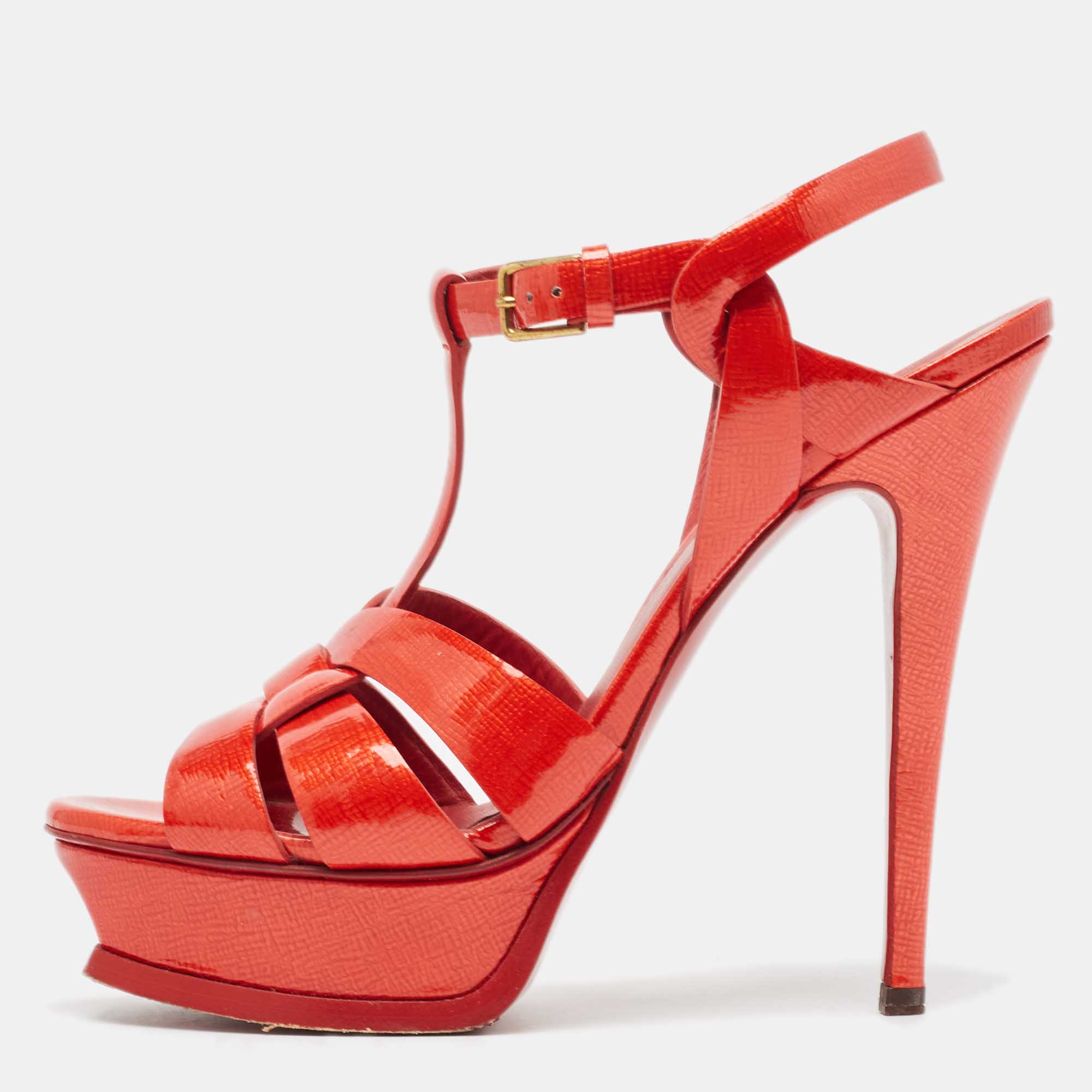 Yves Saint Laurent Red Patent Leather Tribute Sandals Size 37.5