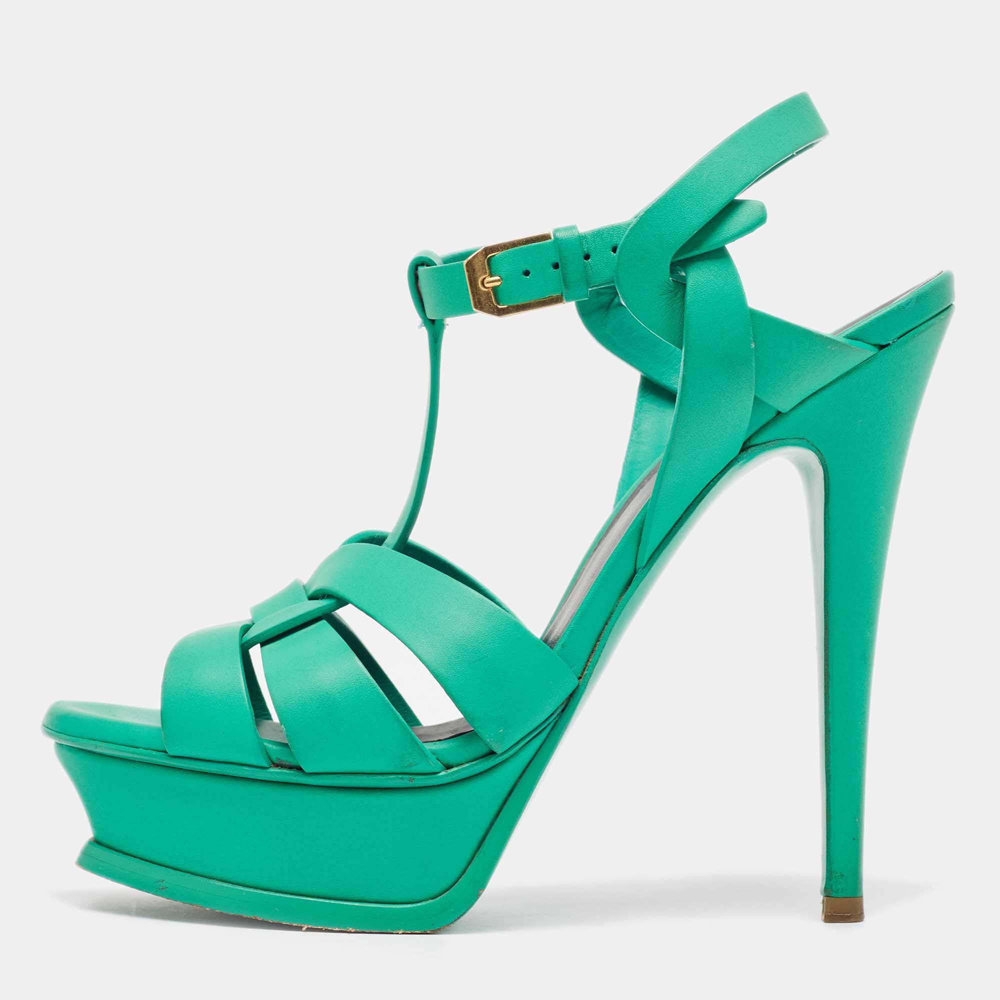 Pre Owned Saint Laurent Green Leather  Tribute Ankle Strap Sandals Size 36.5