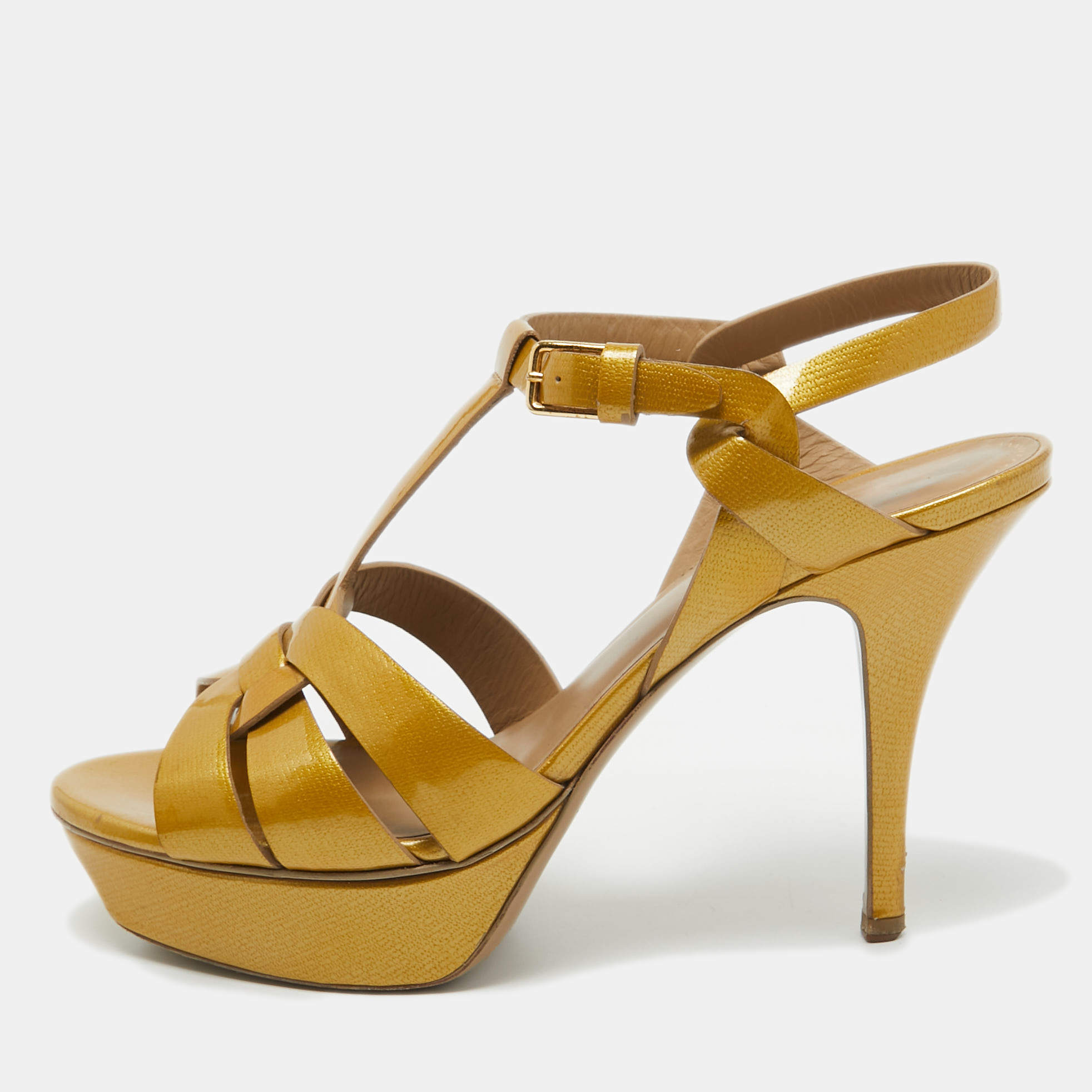 Pre Owned Yves Saint Laurent Yellow Patent Leather Tribute Sandals Size 38