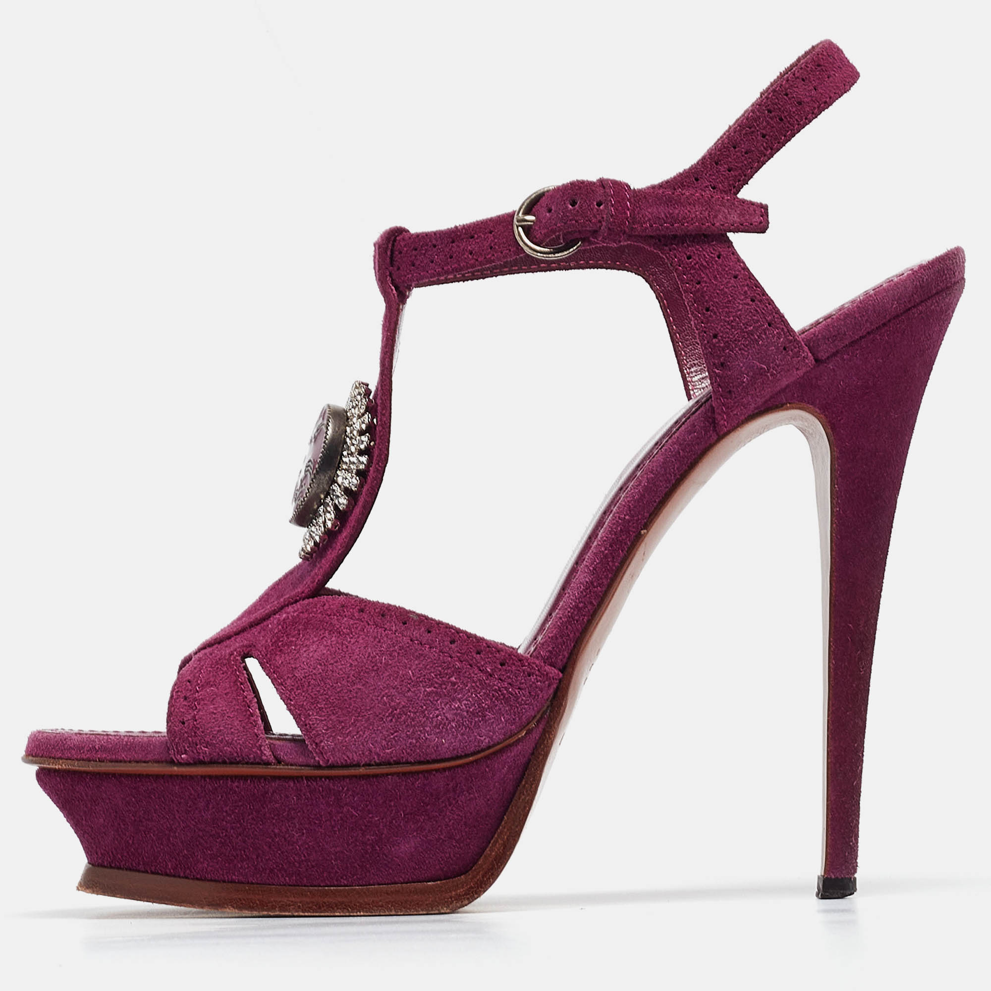 Pre Owned Yves Saint Laurent Purple Suede Buckle Detail Platform Ankle Strap Sandals Size 40