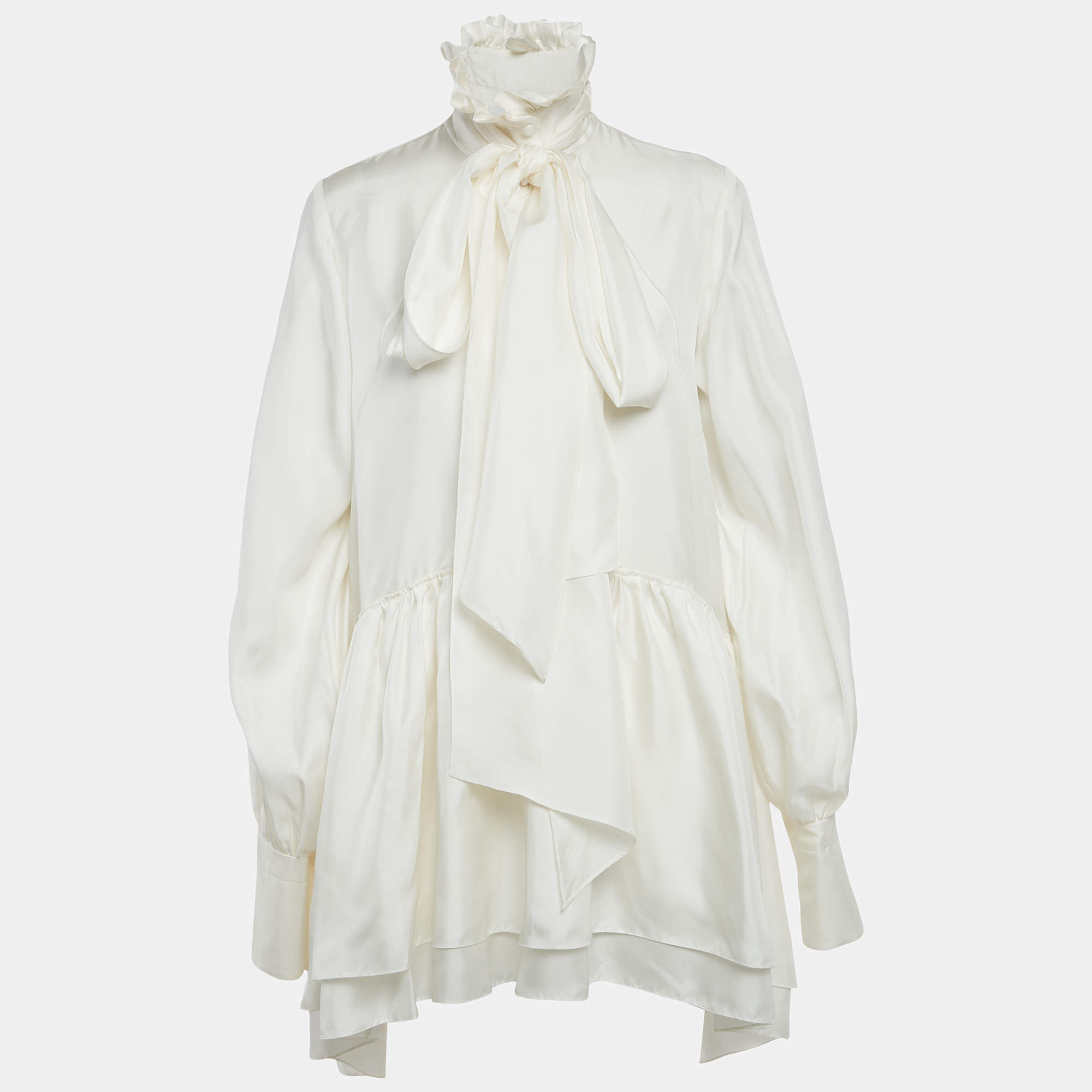 Pre Owned Yvon Off White Silk Neck Tie Detail Orchidee Mini Dress M