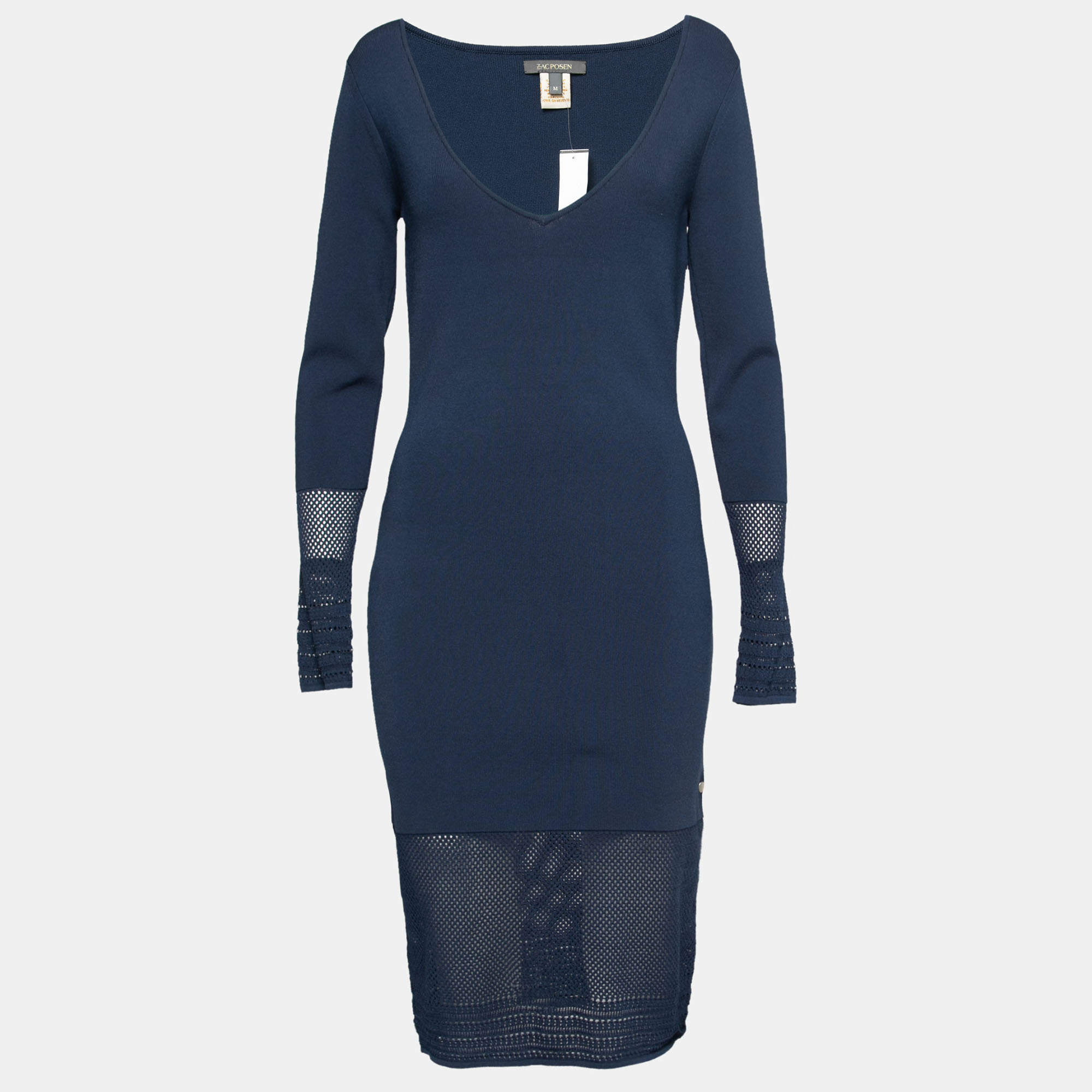 Pre Owned Zac Posen Navy Blue Stretch Knit Sheer Pointelle Trim Long Sleeve Midi Dress M