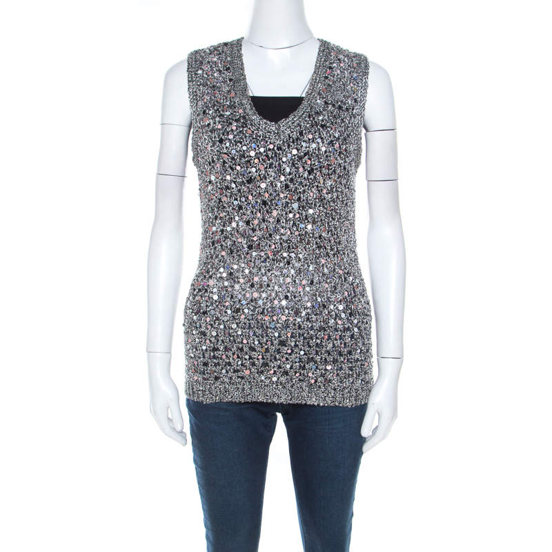Zac Posen Grey Sequin Paillette Embellished Knit Vest L