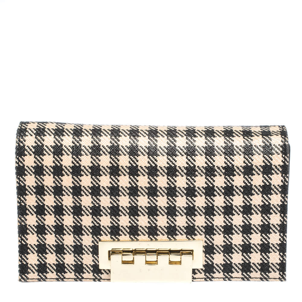Zac Posen Black/White Gingham Straw and Leather Earthette Clutch