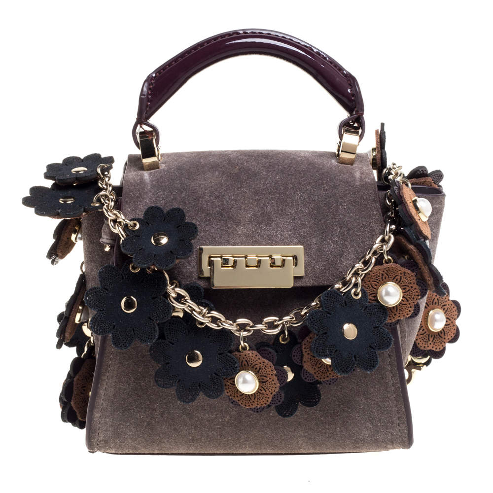 Zac Posen Grey/Burgundy Suede and Patent Leather Mini Eartha Iconic Top Handle Bag