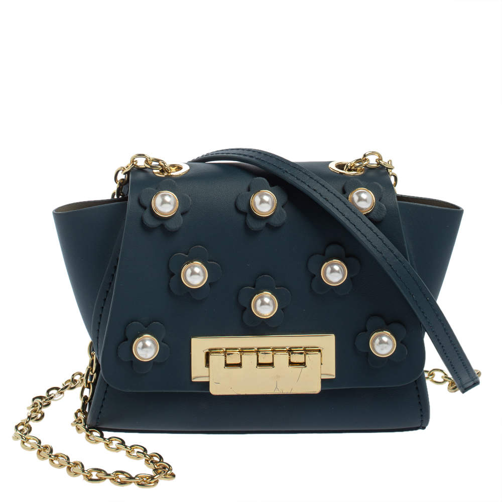 Pre Owned ZAC Zac Posen Dark Blue Leather Mini Faux Pearl Eartha Crossbody Bag