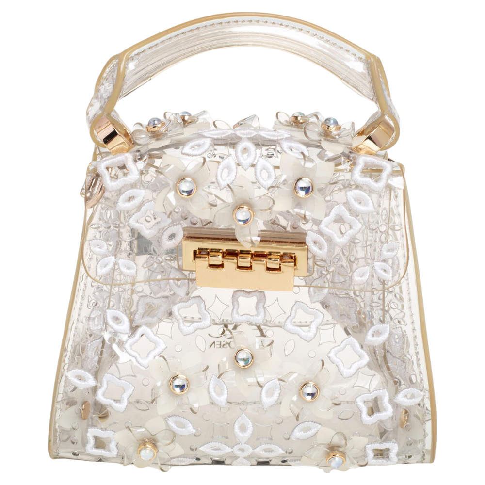 Pre Owned Zac Posen Clear PVC Floral Appliqué Embellished Mini Eartha Top Handle Bag