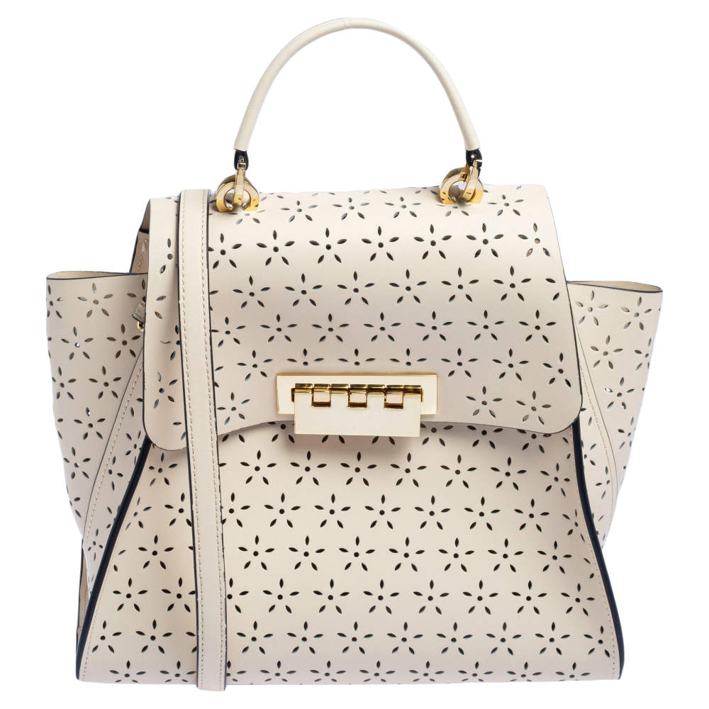 Zac Posen Cream Perforated Leather Eartha Top Handle Bag