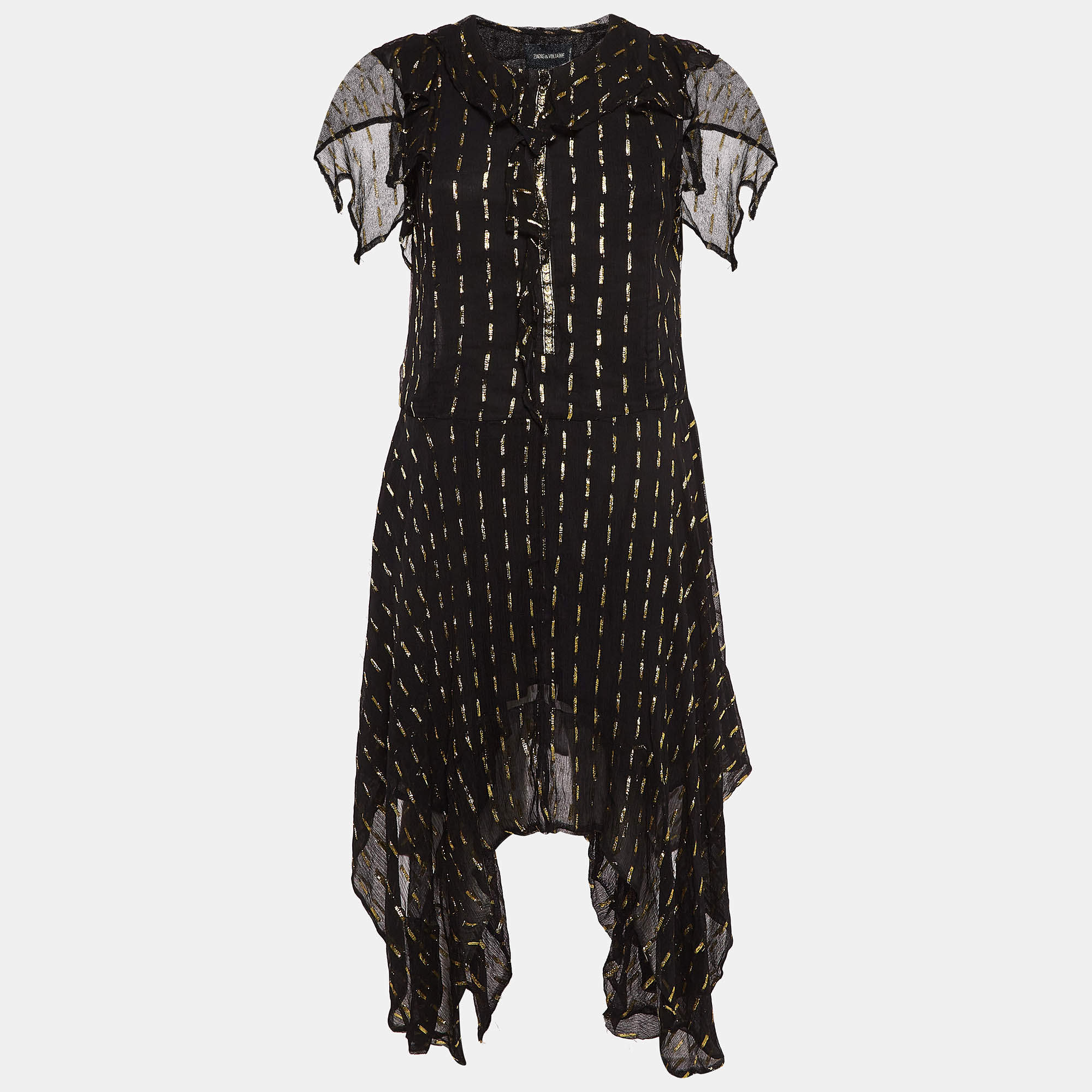 Pre Owned Zadig & Voltaire Black/Gold Crepe Rool Shiny Ruffled Dress M