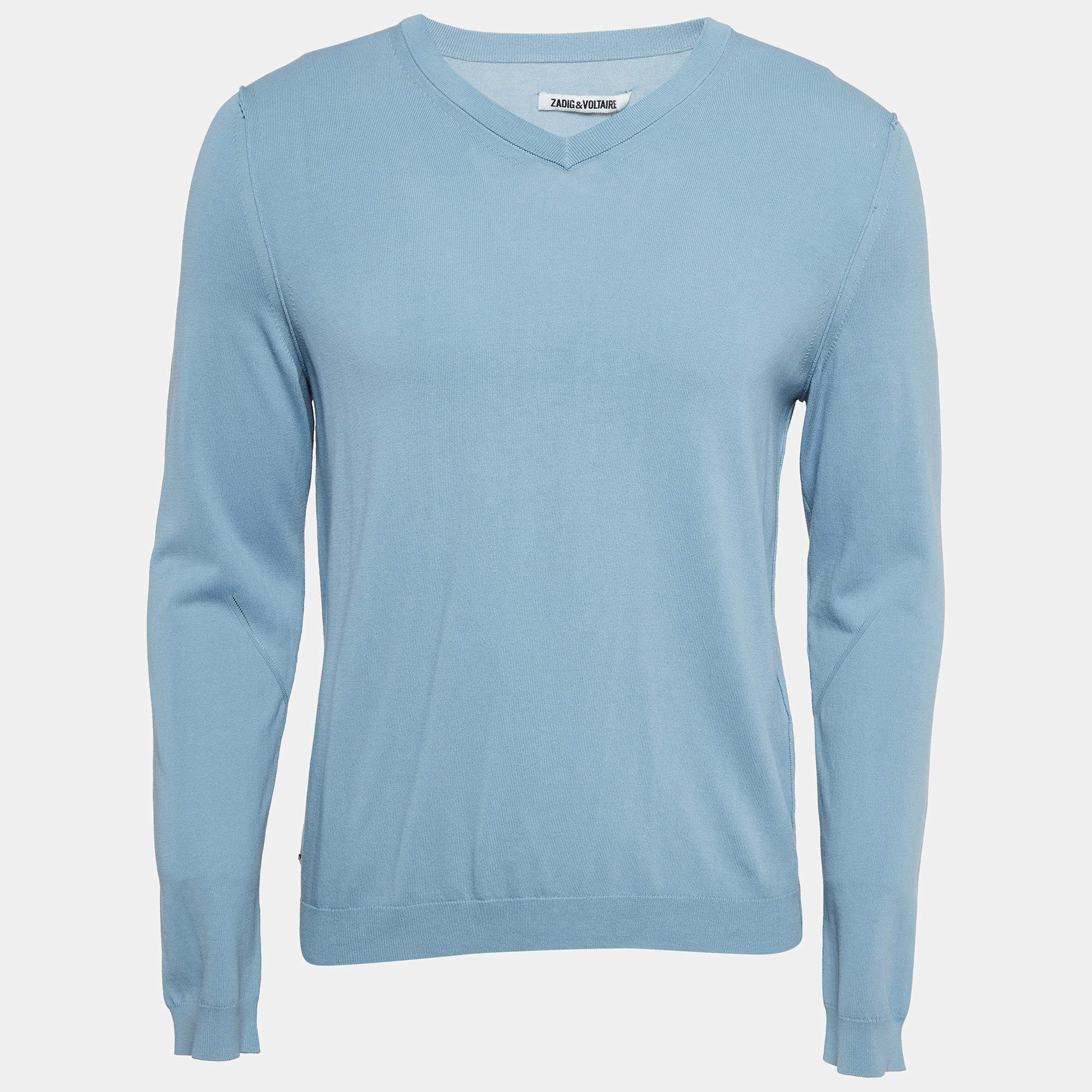  Zadig & Voltaire Blue Cotton Knit V-Neck Keddy Sweatshirt S