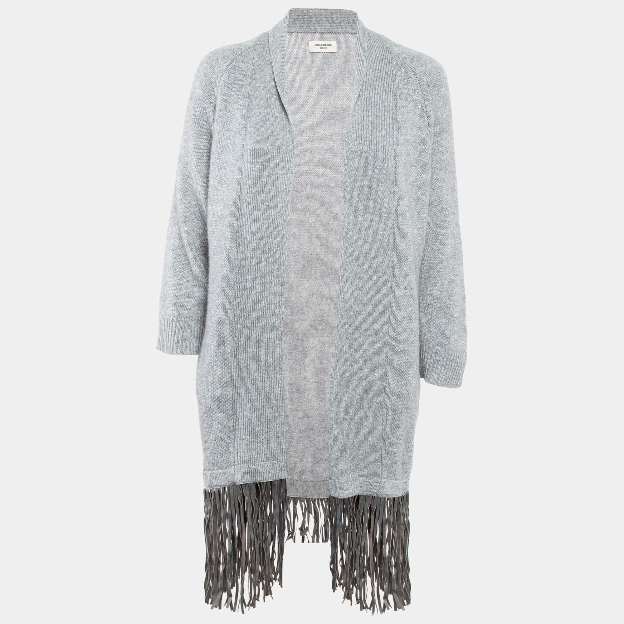 Zadig & Voltaire Delux Grey Cashmere Knit Open Front Fringed Cardigan XS/S