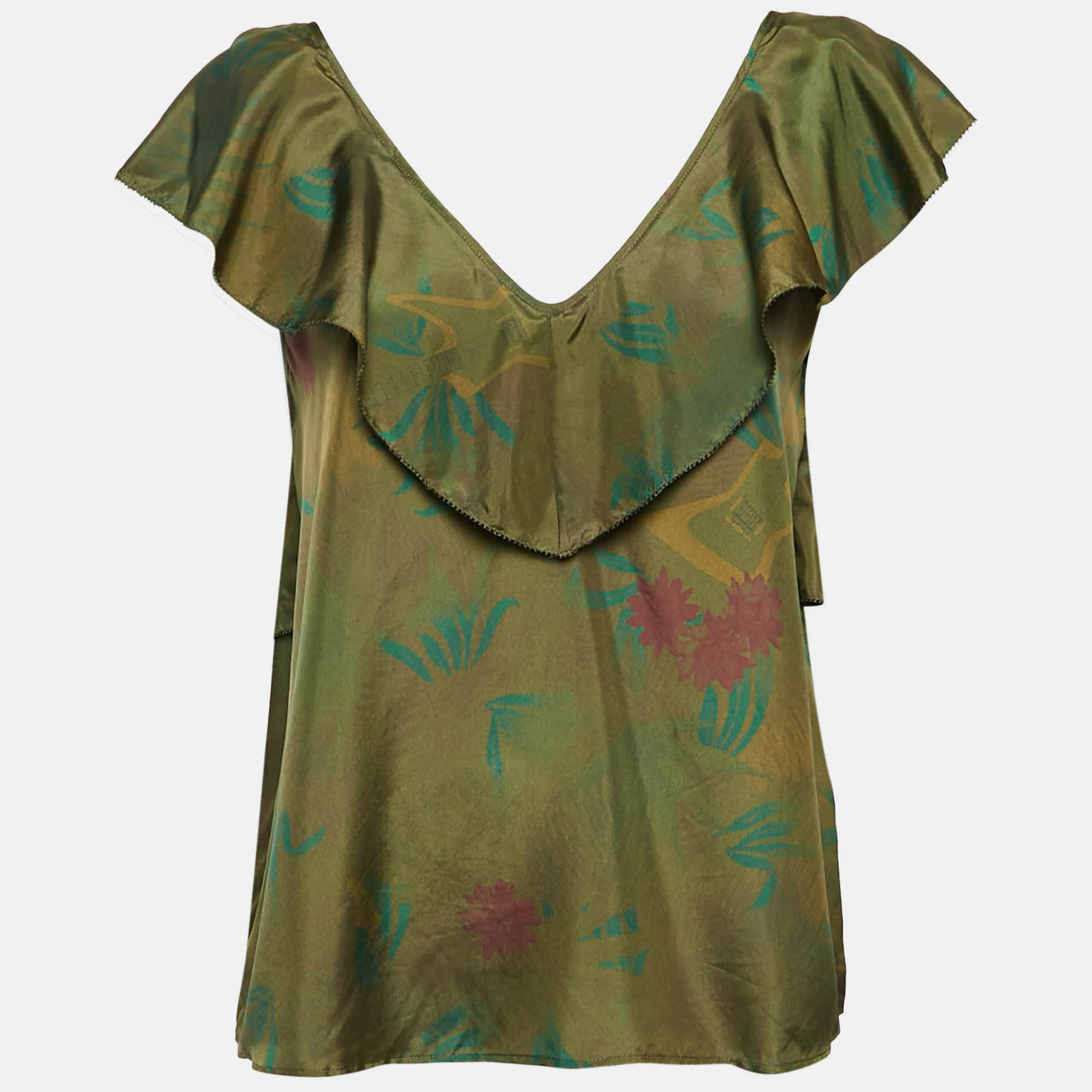 Pre Owned Zadig & Voltaire Green Teen Jungle Print Silk Ruffled Top L