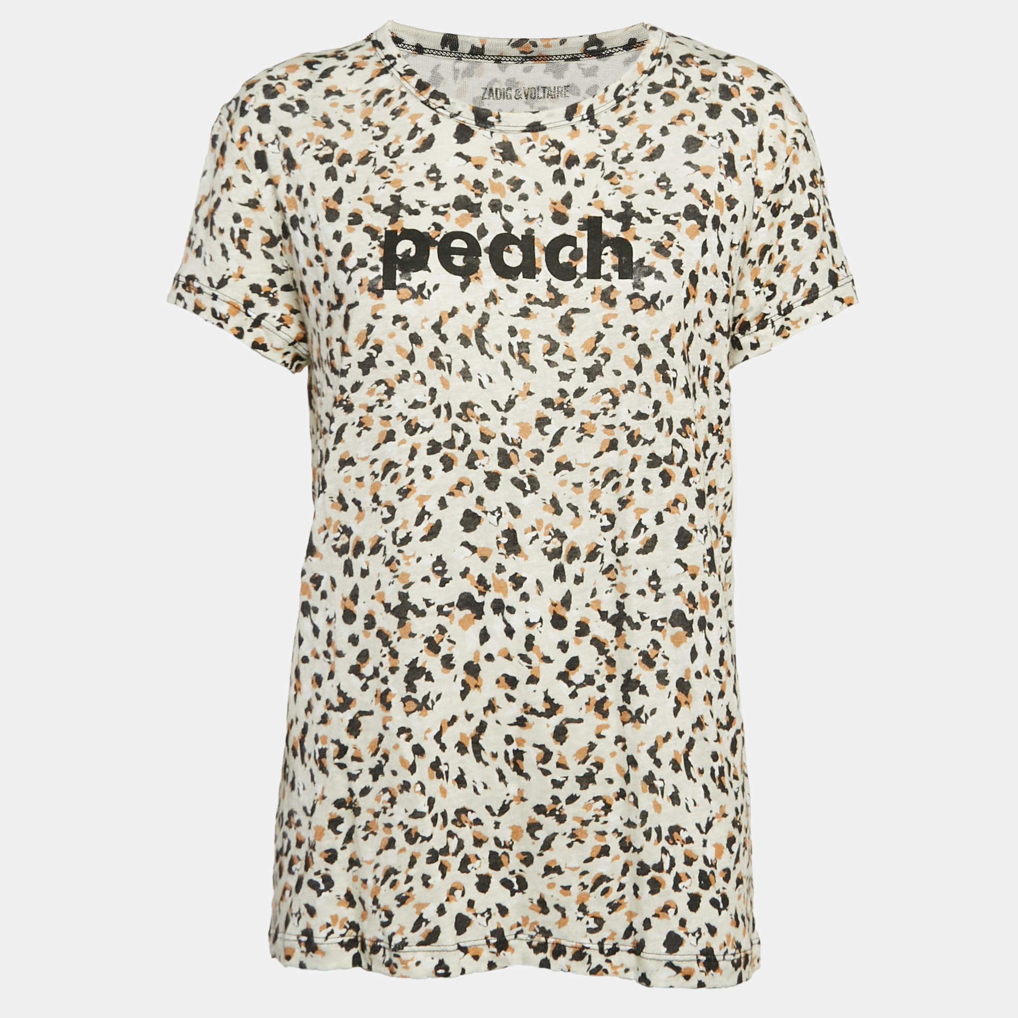 Pre Owned Zadig & Voltaire Beige Leopard Print Linen Jersey Oversized T-Shirt L