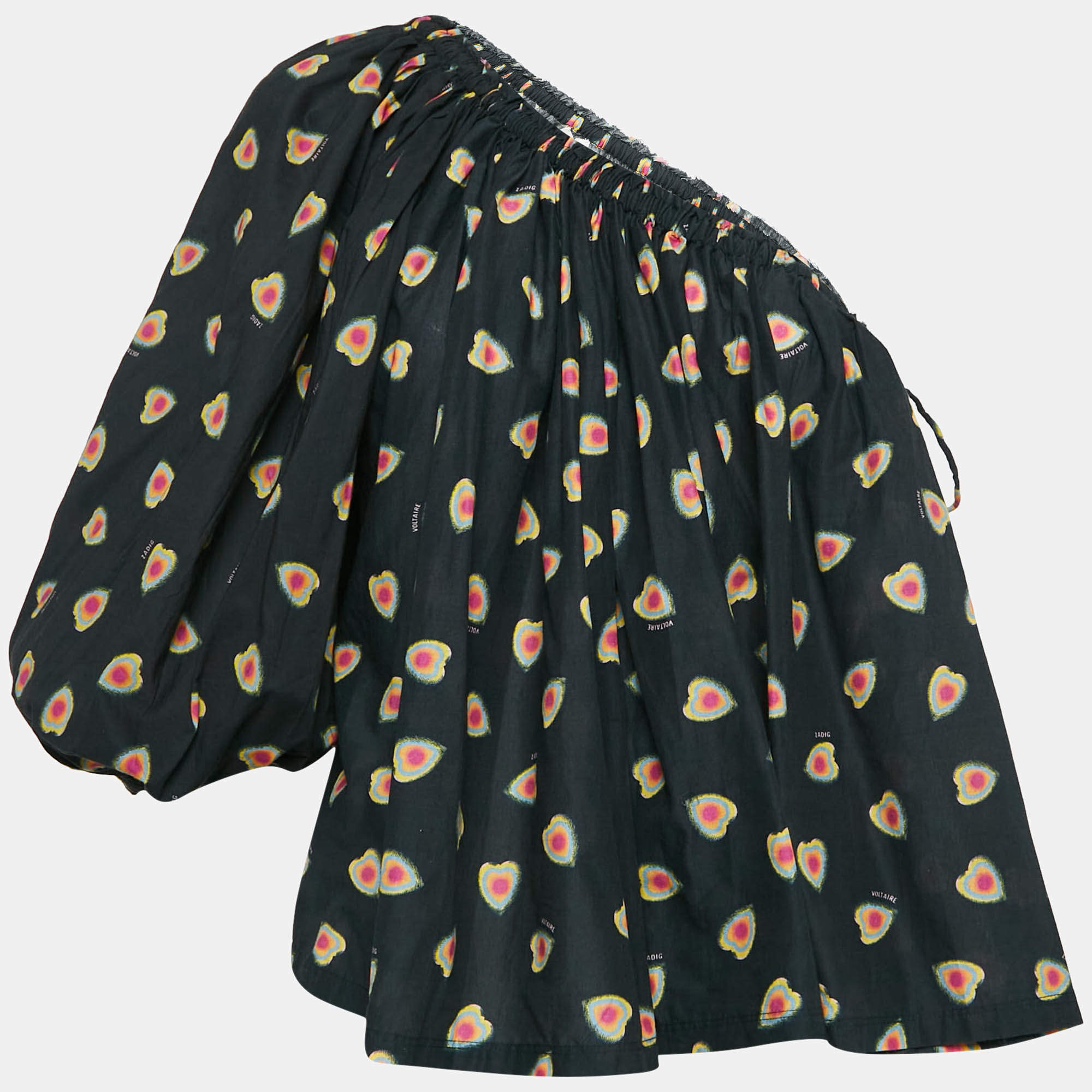 Pre Owned Zadig & Voltaire Black Hearts Print Cotton One Shoulder Coeur Top L