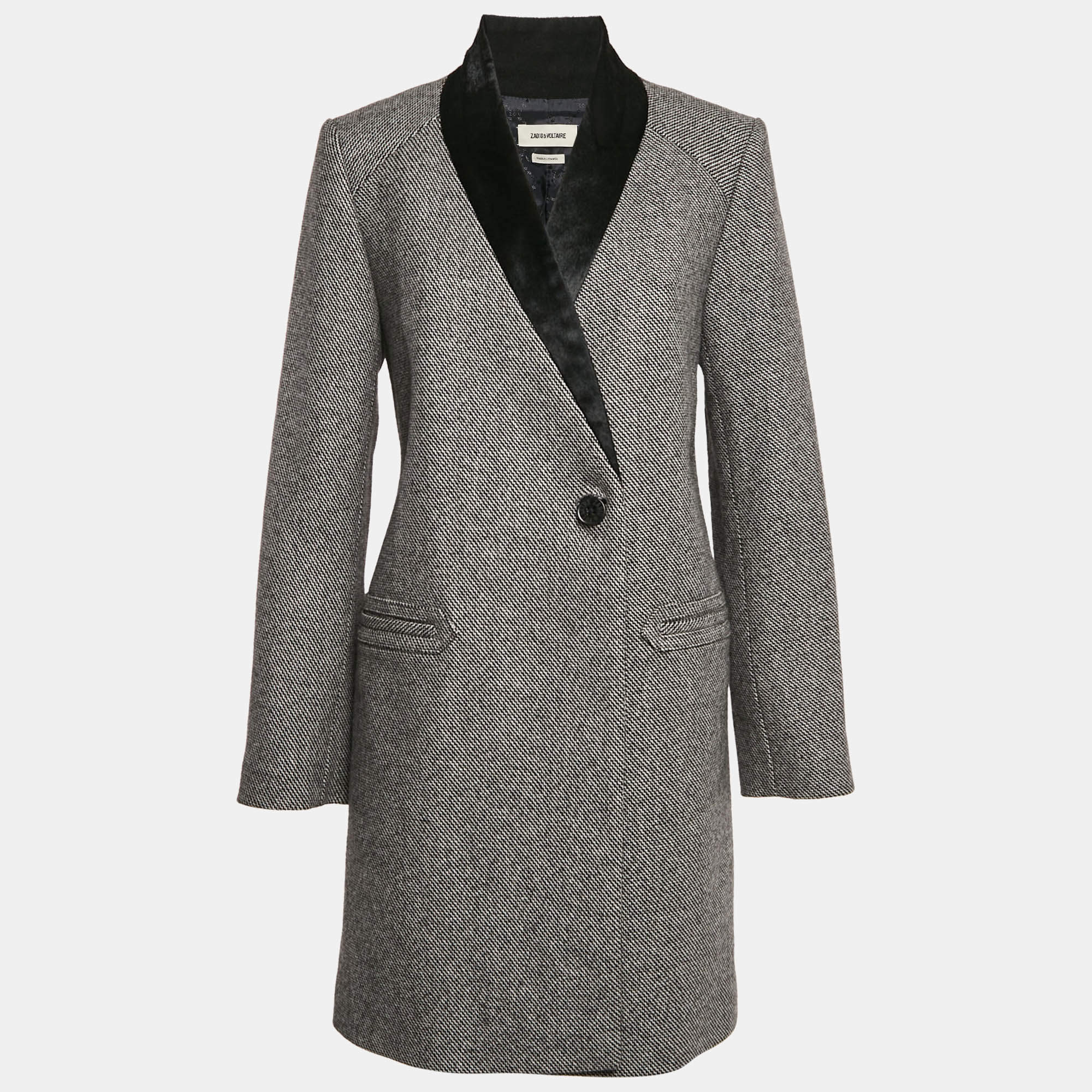 Zadig & Voltaire Black/White Patterned Wool Fur Trim Collar Marquis Coat M