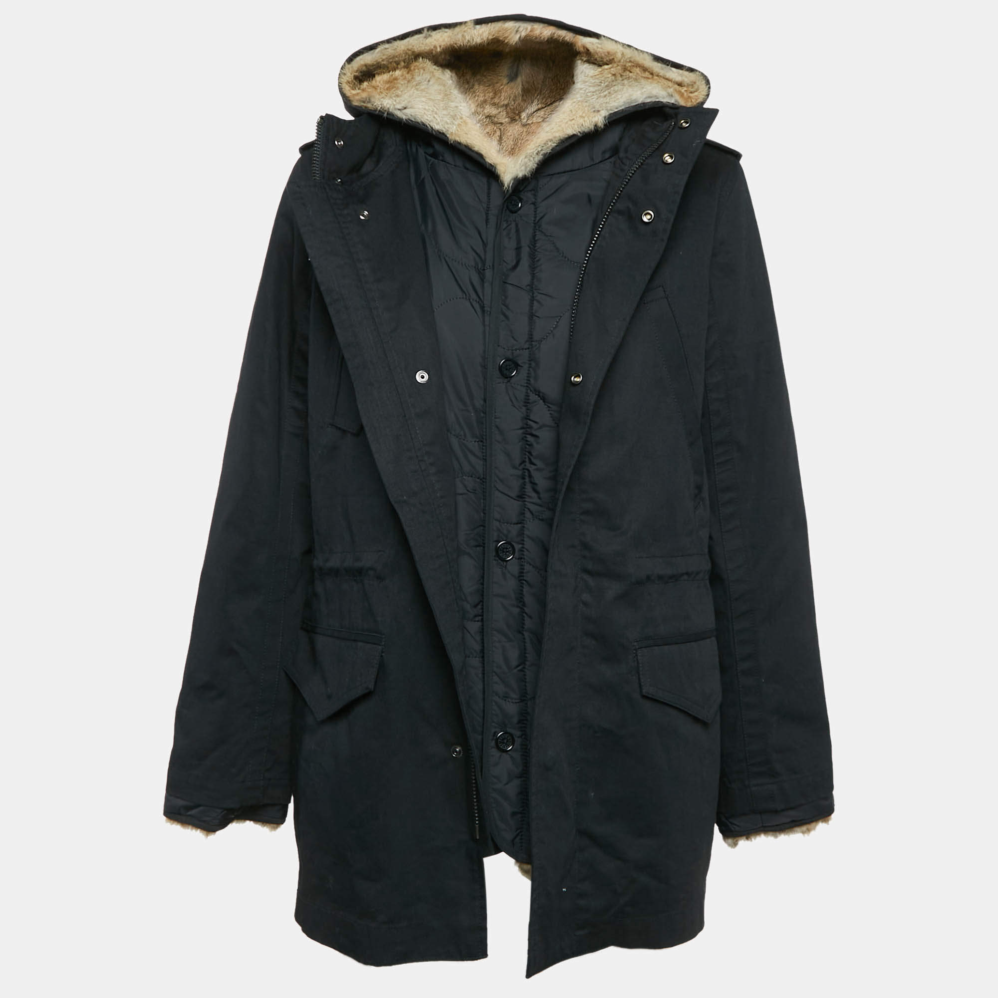 Pre Owned Zadig & Voltaire Black Cotton and Fur Hooded Kinian Deluxe  Jacket S