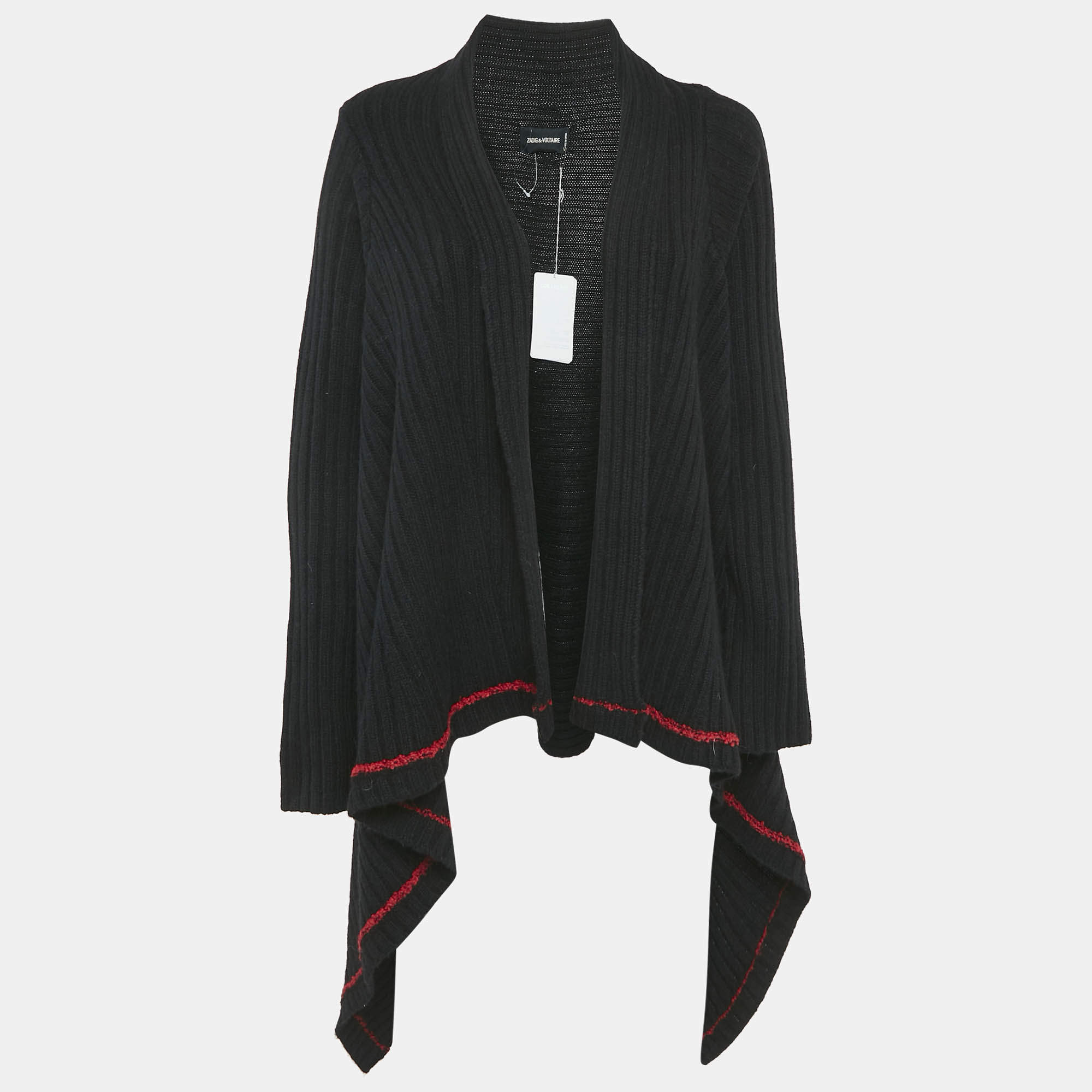 Zadig & Voltaire  Black Rib Knit Open Front Cambi Cardigan One Size 