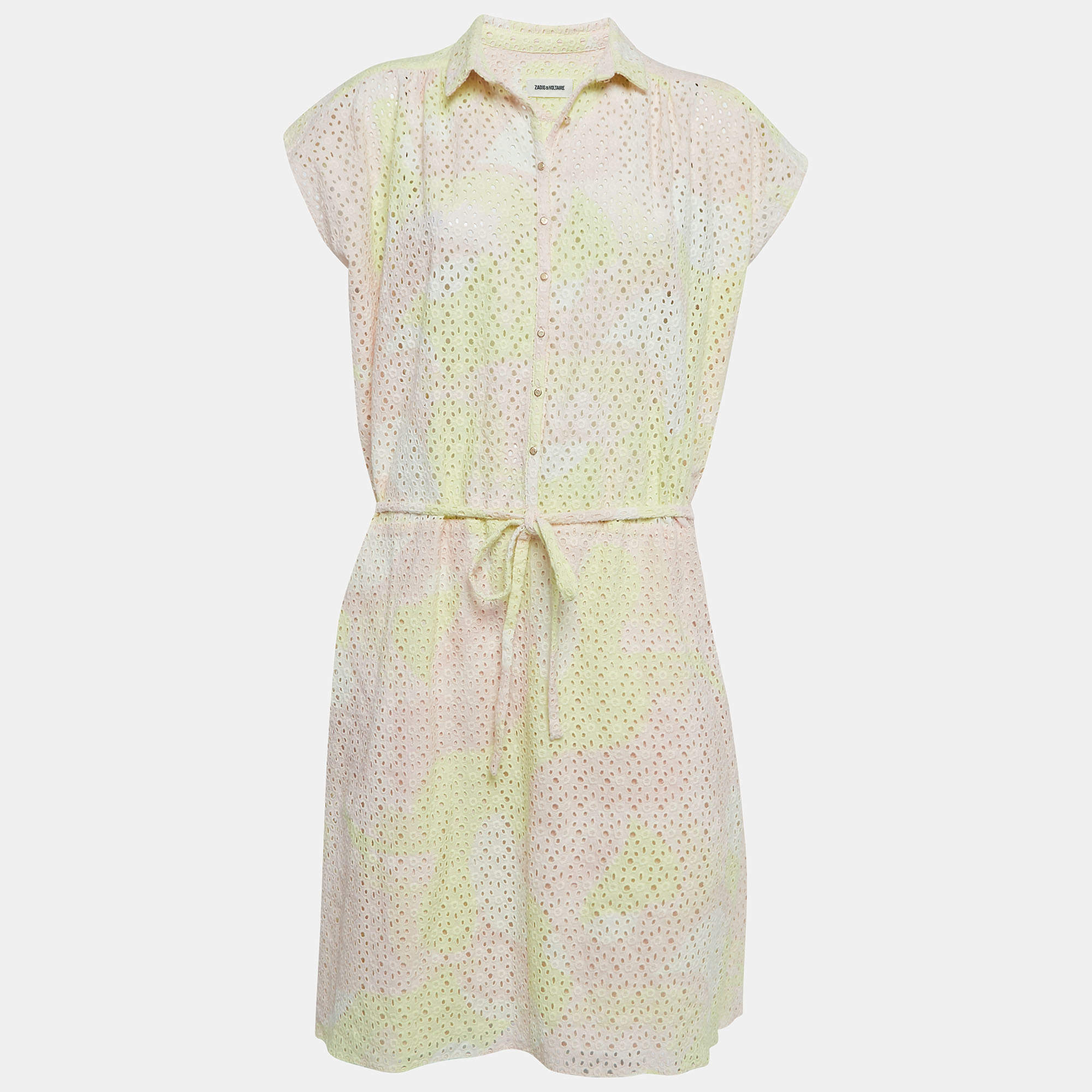 Zadig & Voltaire Pink/Yellow Camouflage Print Broderie Anglaise Cotton Requiem Dress L