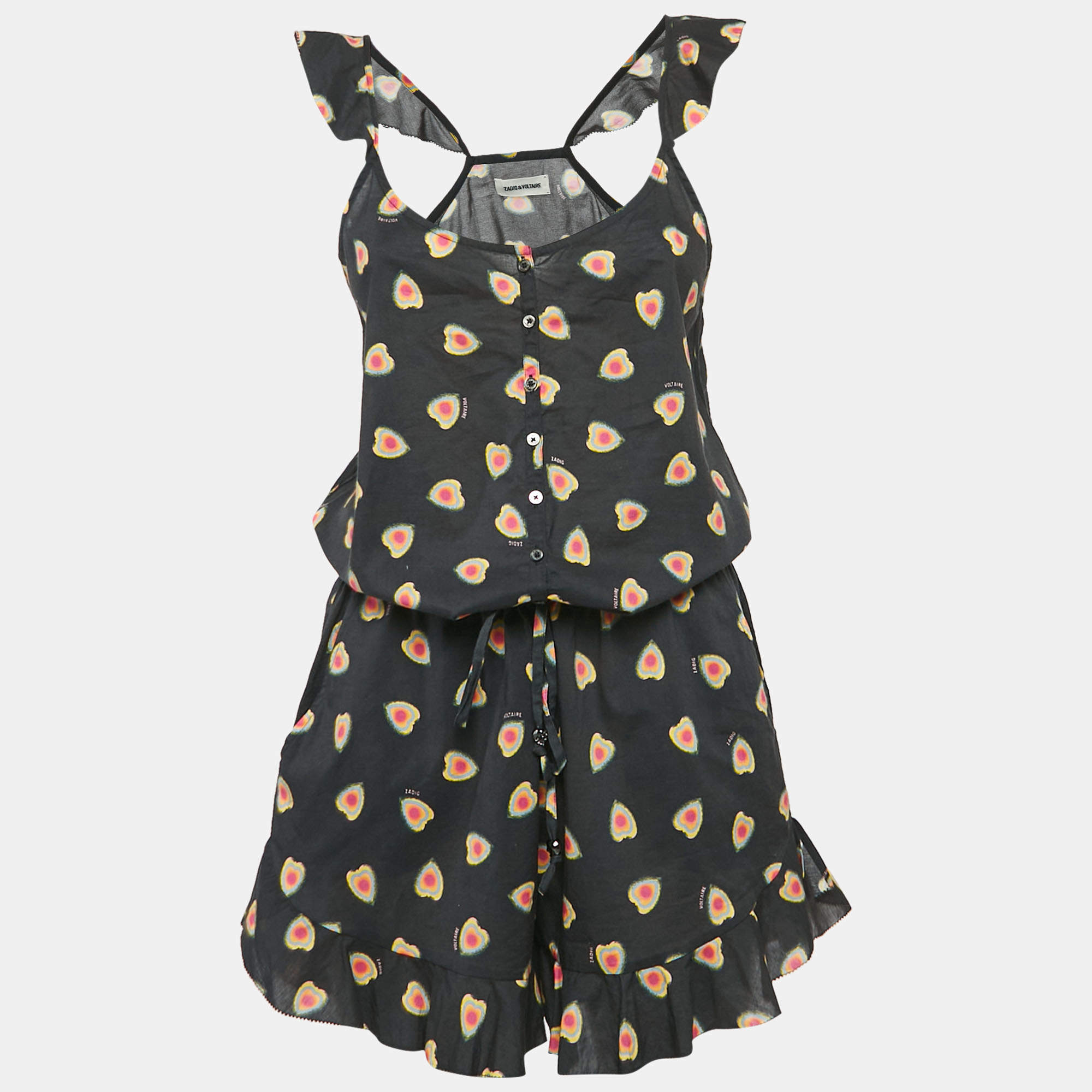 Zadig & Voltaire Black Call Print Cotton Coeur Playsuit M