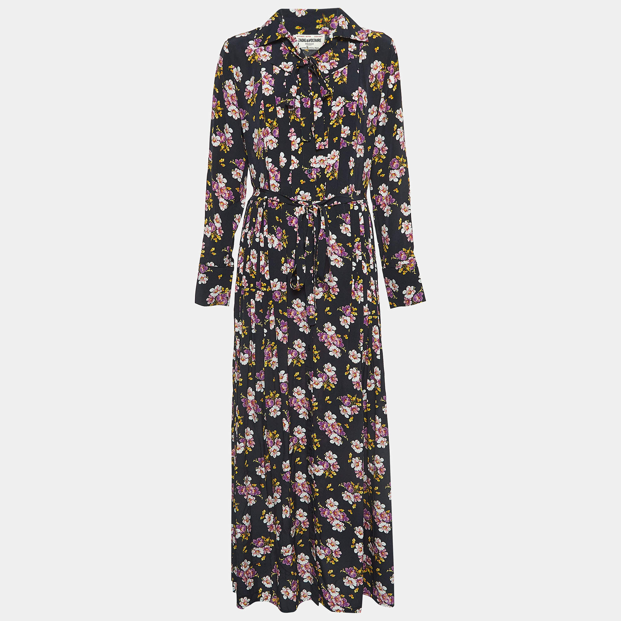 Zadig & Voltaire Black Floral Print Silk Pleated Button Front Maxi Dress XS