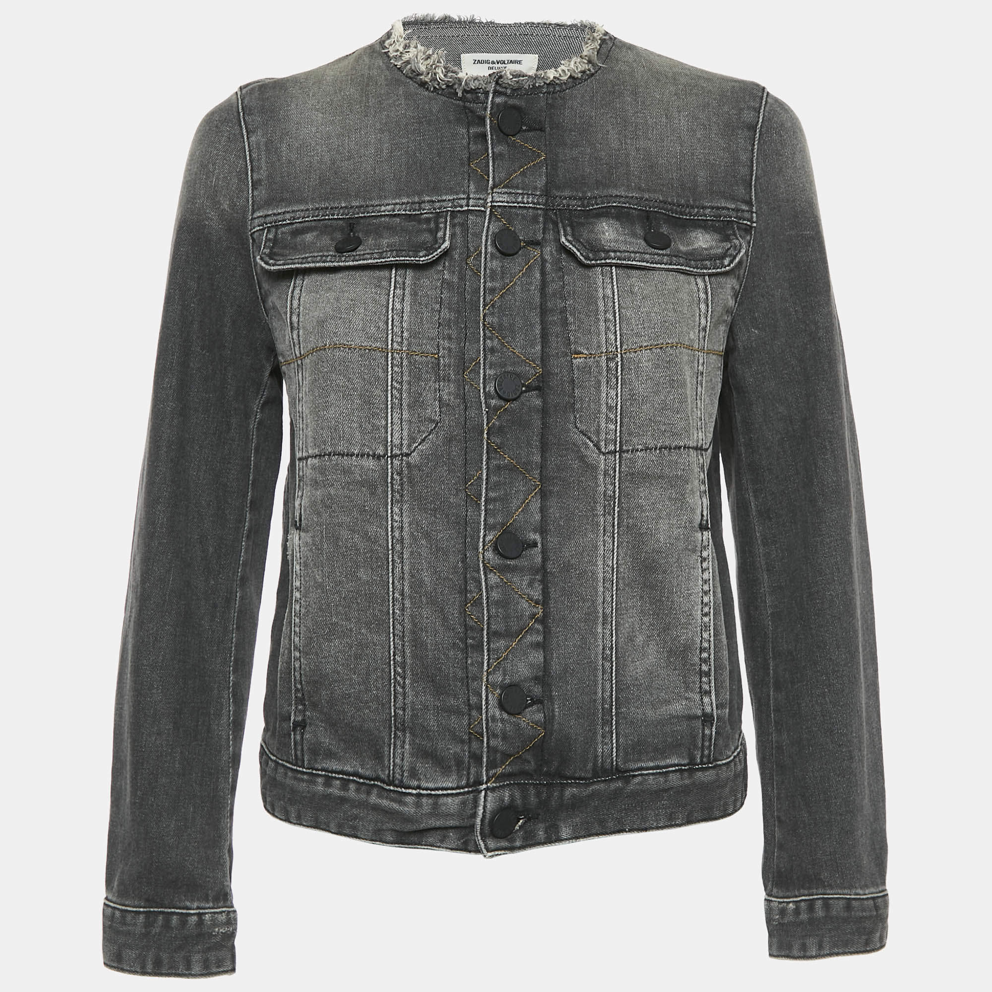 Zadig & Voltaire Grey Washed Denim Collar Neck Jacket M