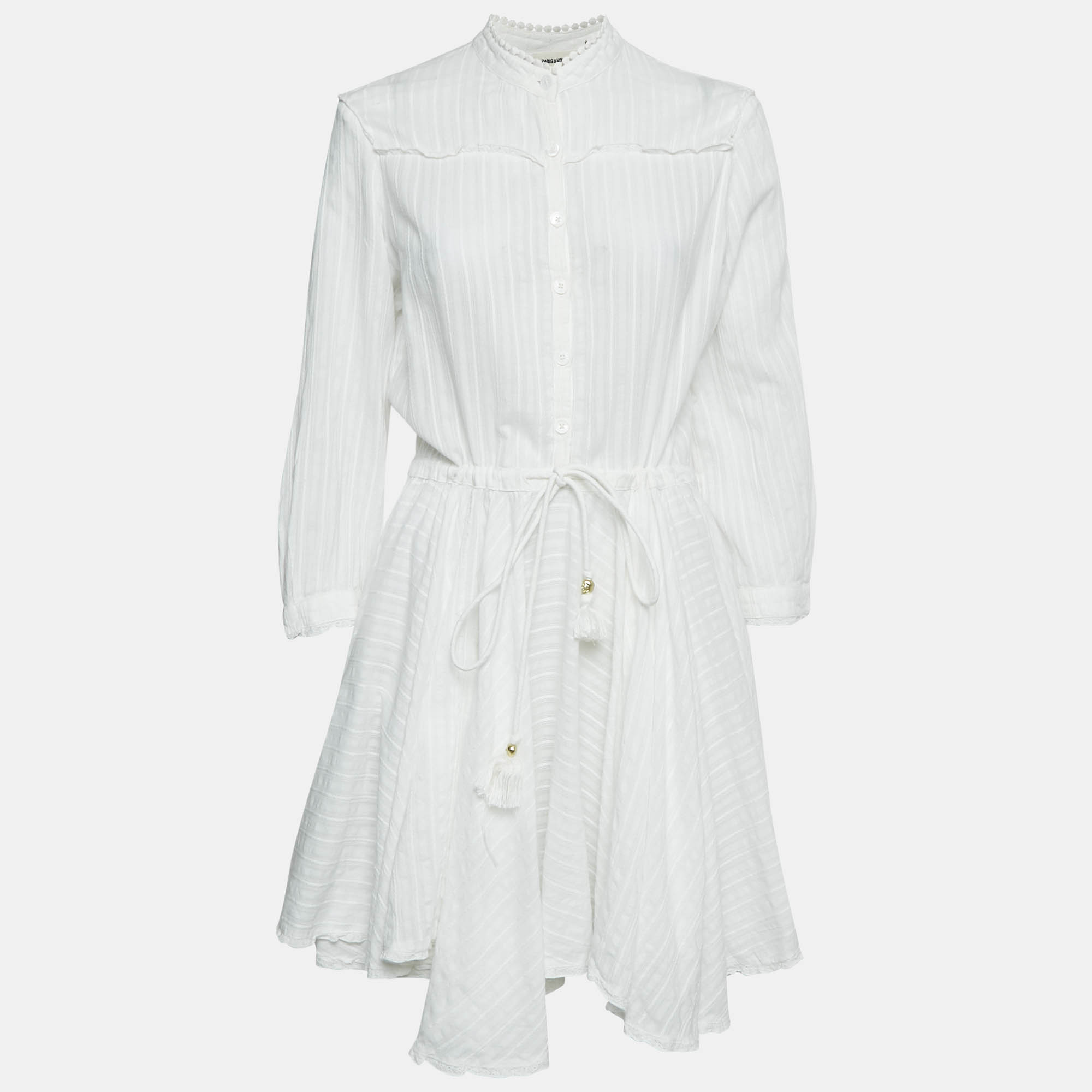 Zadig & Voltaire White Striped Lace Trim Cotton Mini Dress L