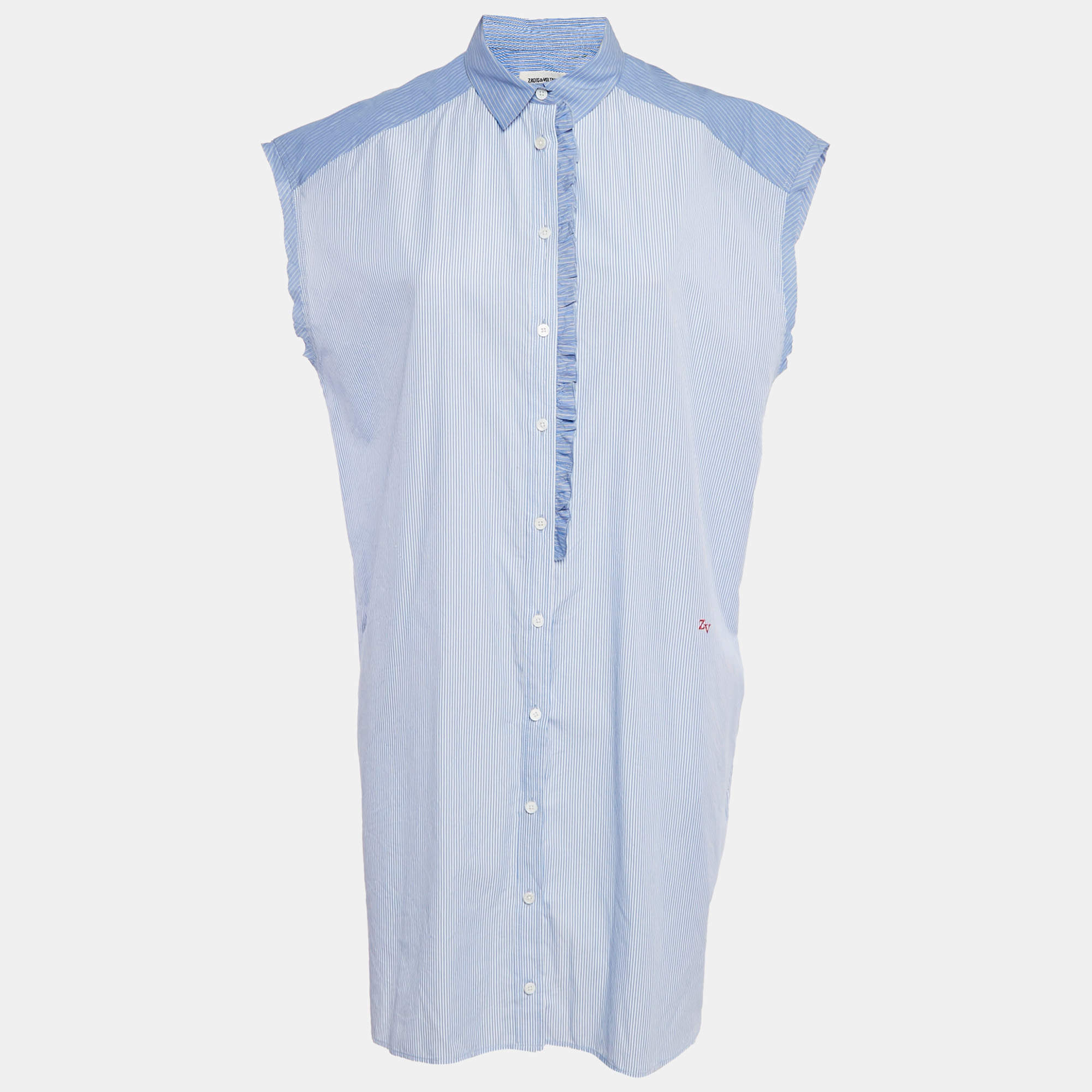 Zadig & Voltaire Blue Stripe Cotton Button Front Ruffled Rilt Mini Dress S