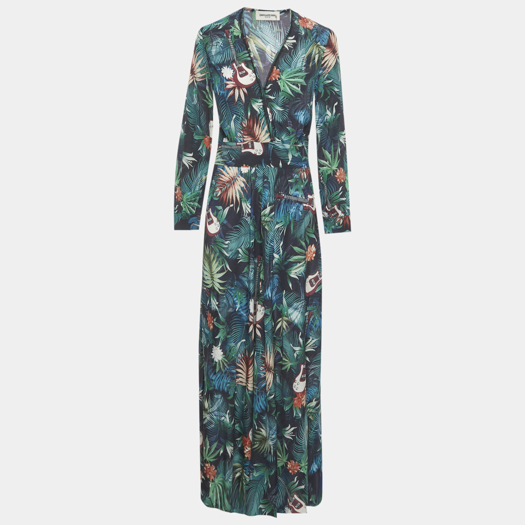 Pre Owned زاديج وفولتير فستان طويل رومي كريب بطبعة الغابة المتعددة الألوان مقاس صغير جدًا