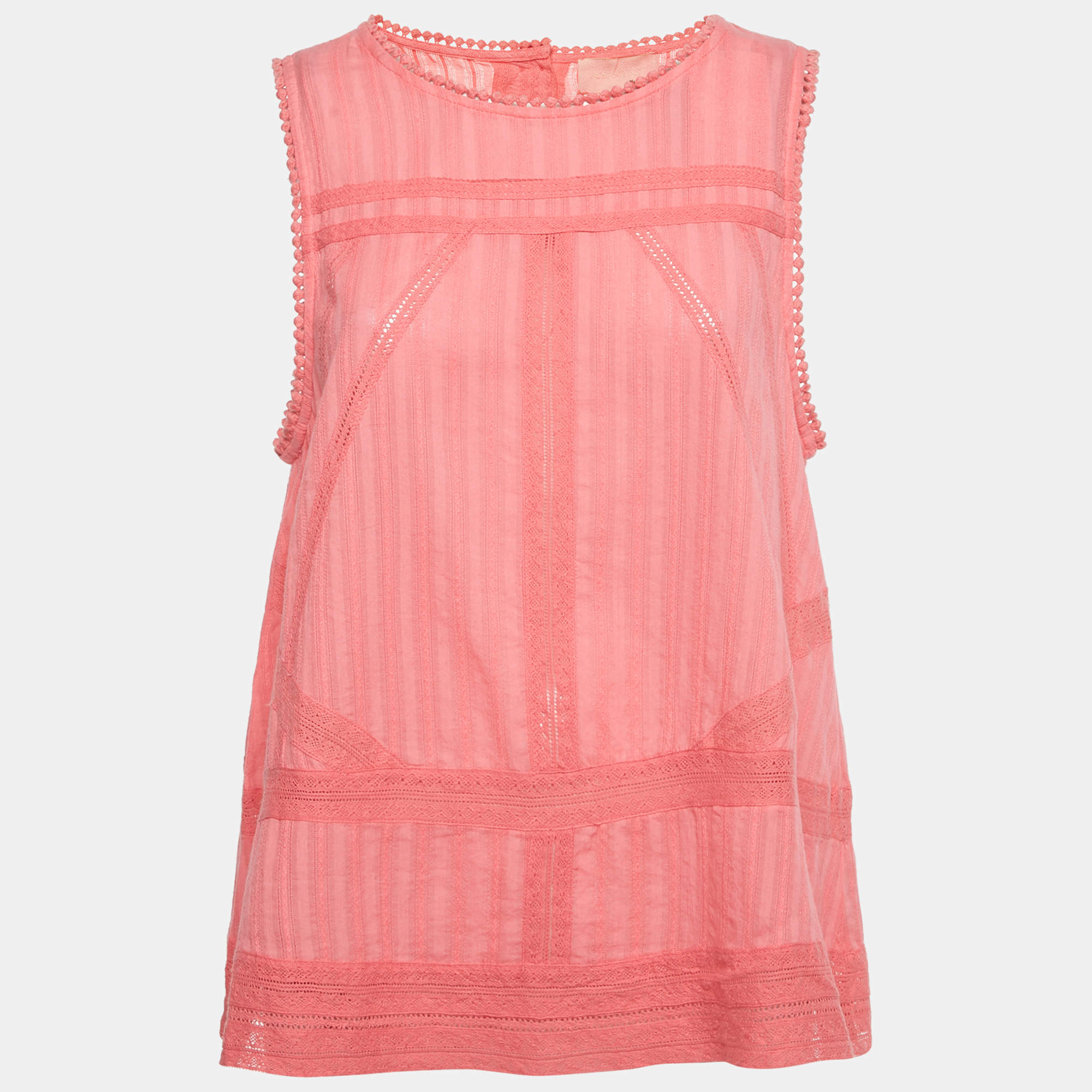 Pre Owned Zadig & Voltaire Pink Cotton Lace Insert Tani Top L
