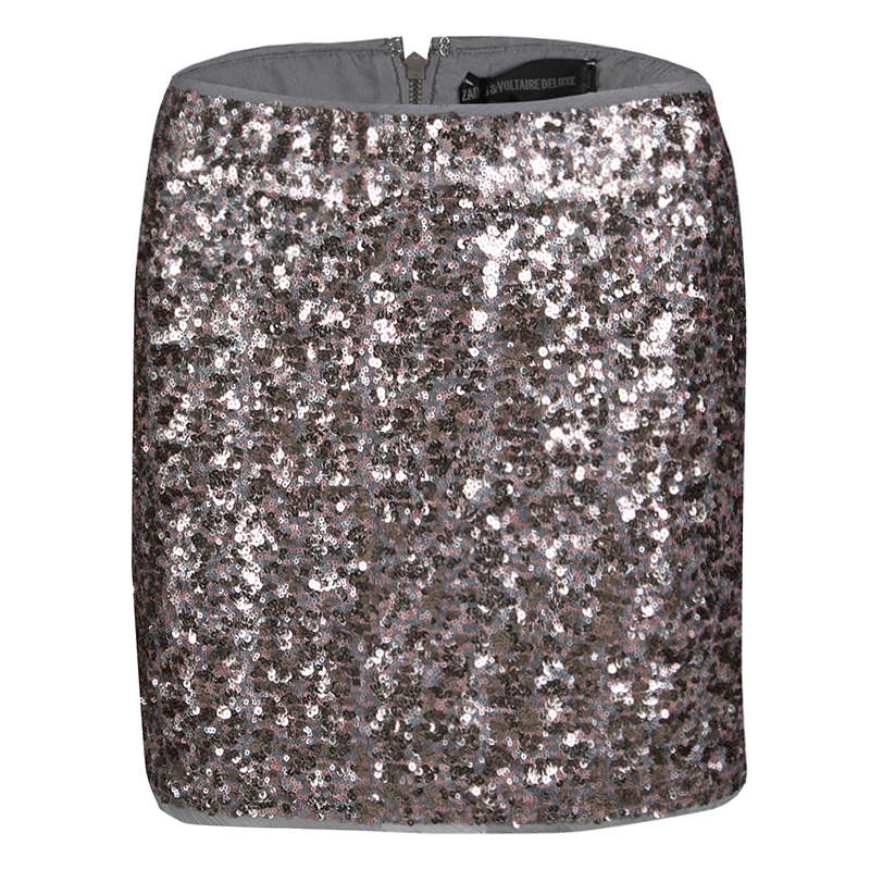 Zadig and Voltaire Grey and Pink Sequined Jasmi Pai Deluxe Jupe Mini Skirt S