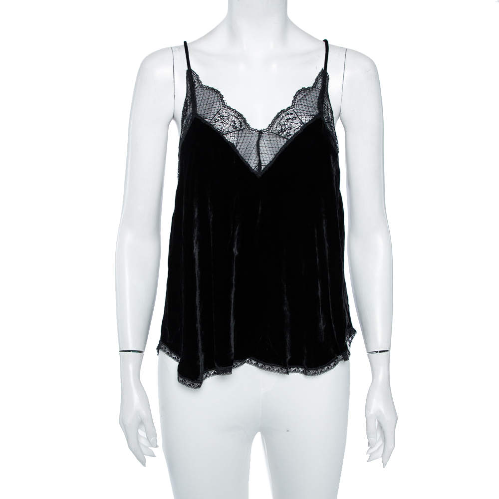 Pre Owned Zadig & Voltaire Black Velvet Lace Detail Christy Deluxe Camisole Top S