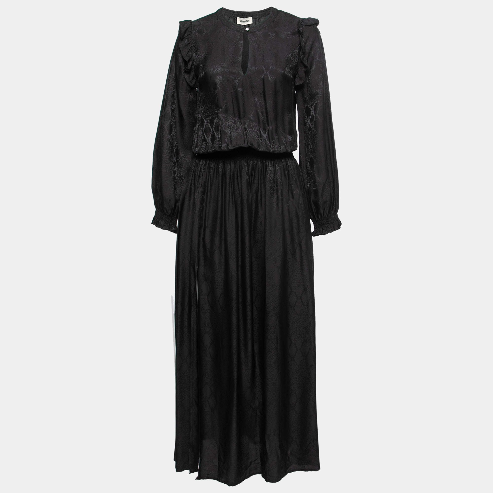 Zadig and Voltaire Black Textured Satin Ruffled Maxi Dress XS