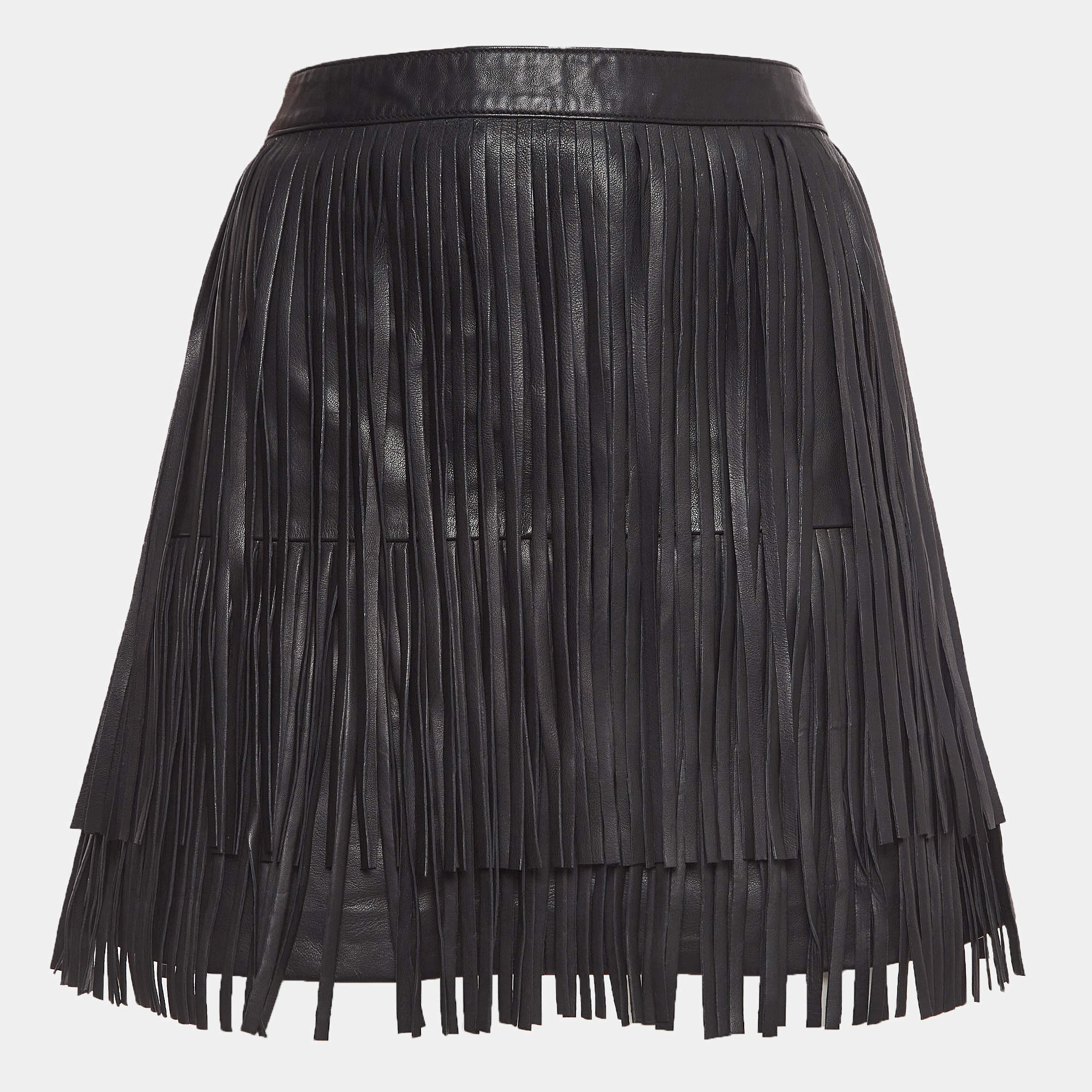 Pre Owned Zadig & Voltaire Black Fringed Leather Mini Skirt M