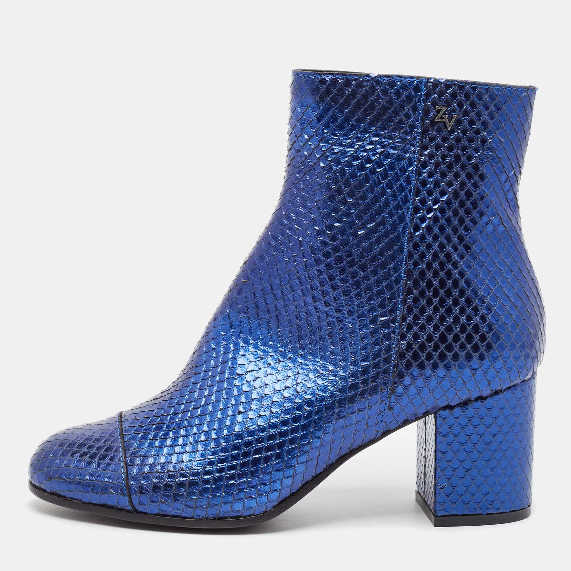 Zadig & Voltaire Blue Python Embossed Leather Block Heel Ankle Length Boots Size 36