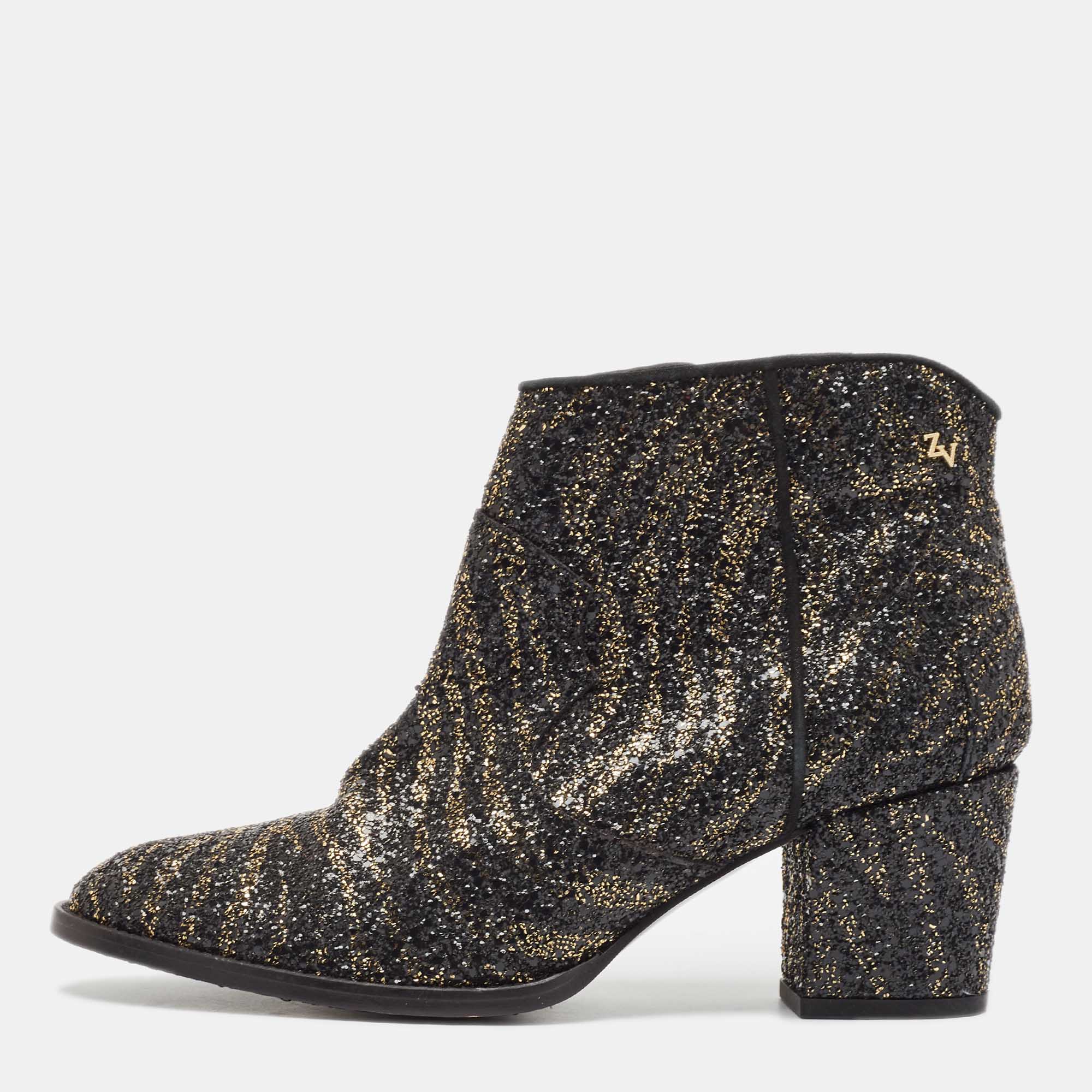 Zadig & Voltaire Black/Gold Glitter Molly Ankle Boots Size 40