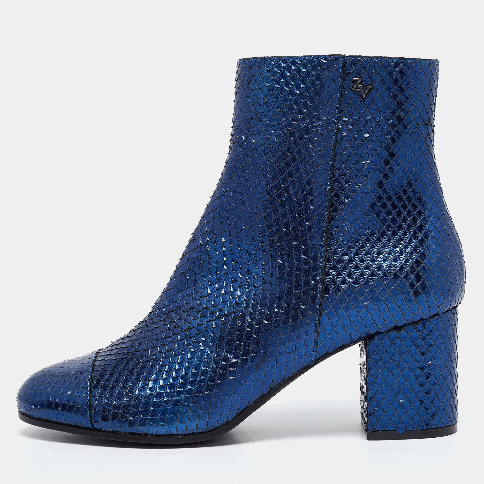 Zadig & Voltaire Blue Python Embossed Leather Ankle Length Boots Size 38