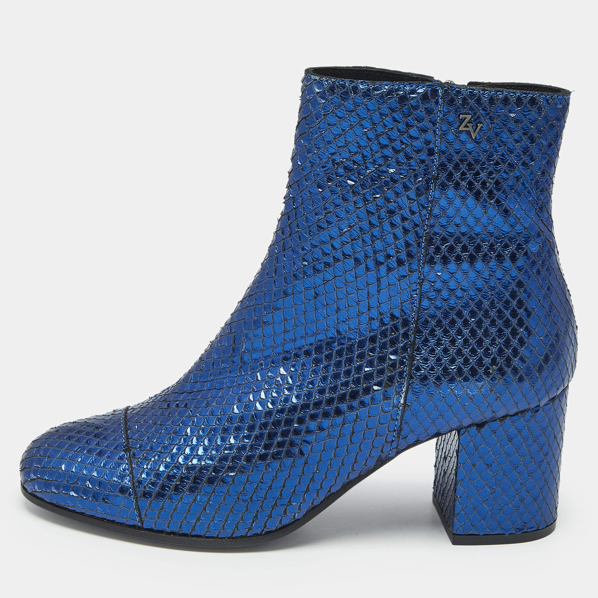 Pre Owned Zadig & Voltaire Metallic Blue Python Embossed Leather Lena Ankle Boots Size 37