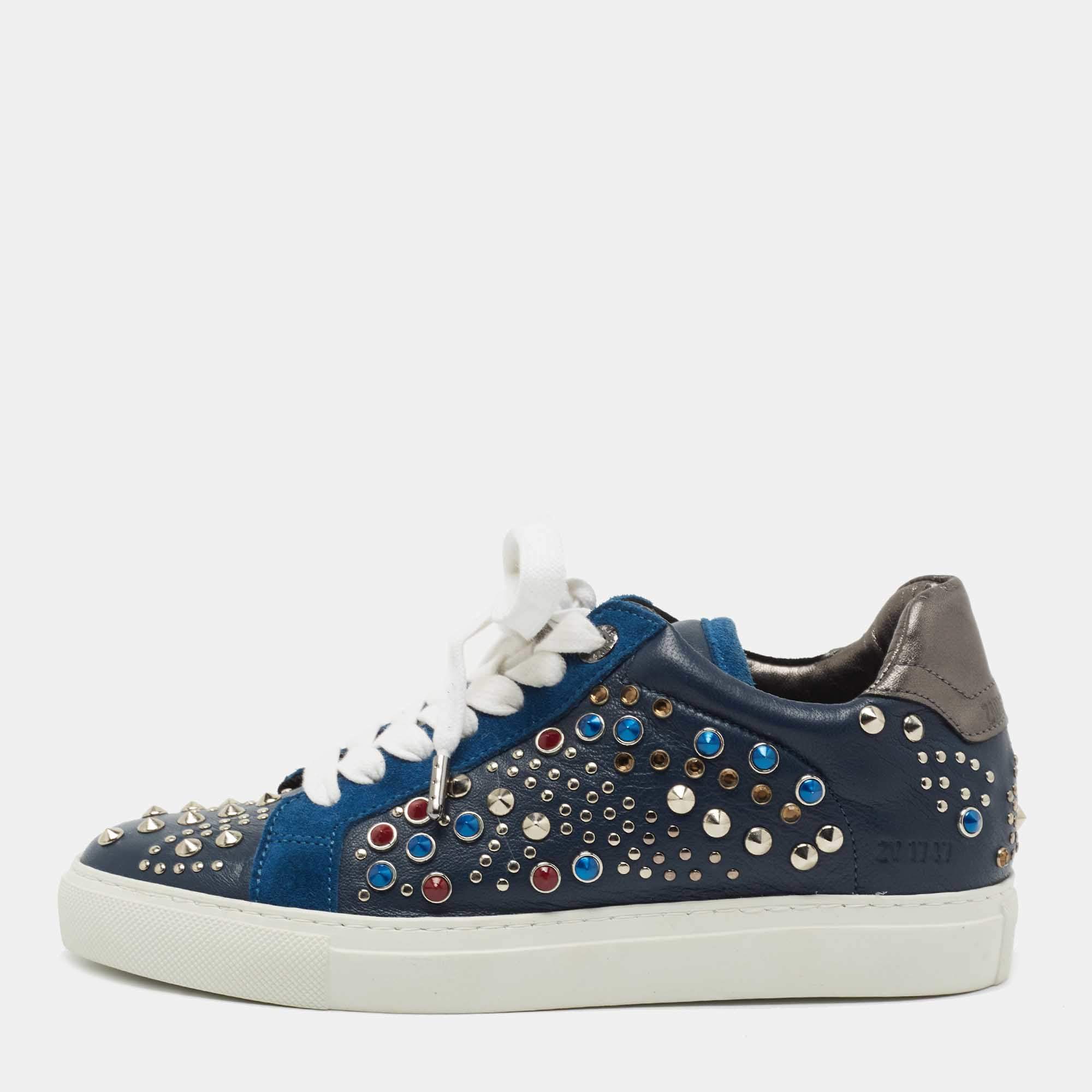 Pre Owned Zadig and Voltaire Multicolor Suede and Leather Embellished Low Top Sneakers Size 36