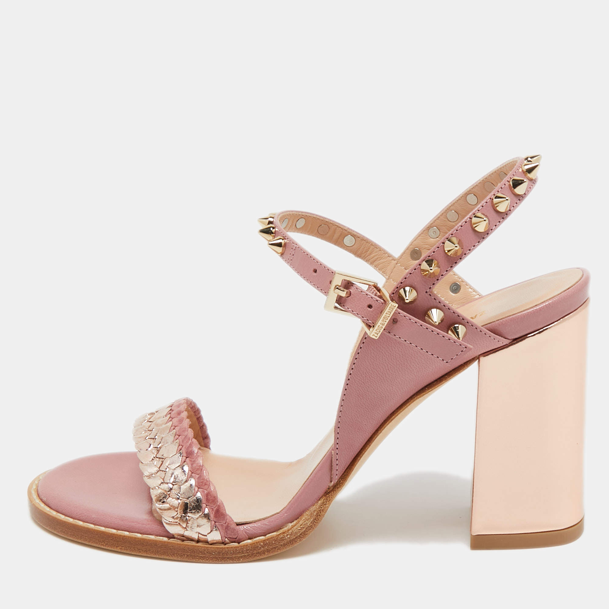 Pre Owned Zadig and Voltaire Metallic/Pink Braided Leather Ankle Strap Sandals Size 36