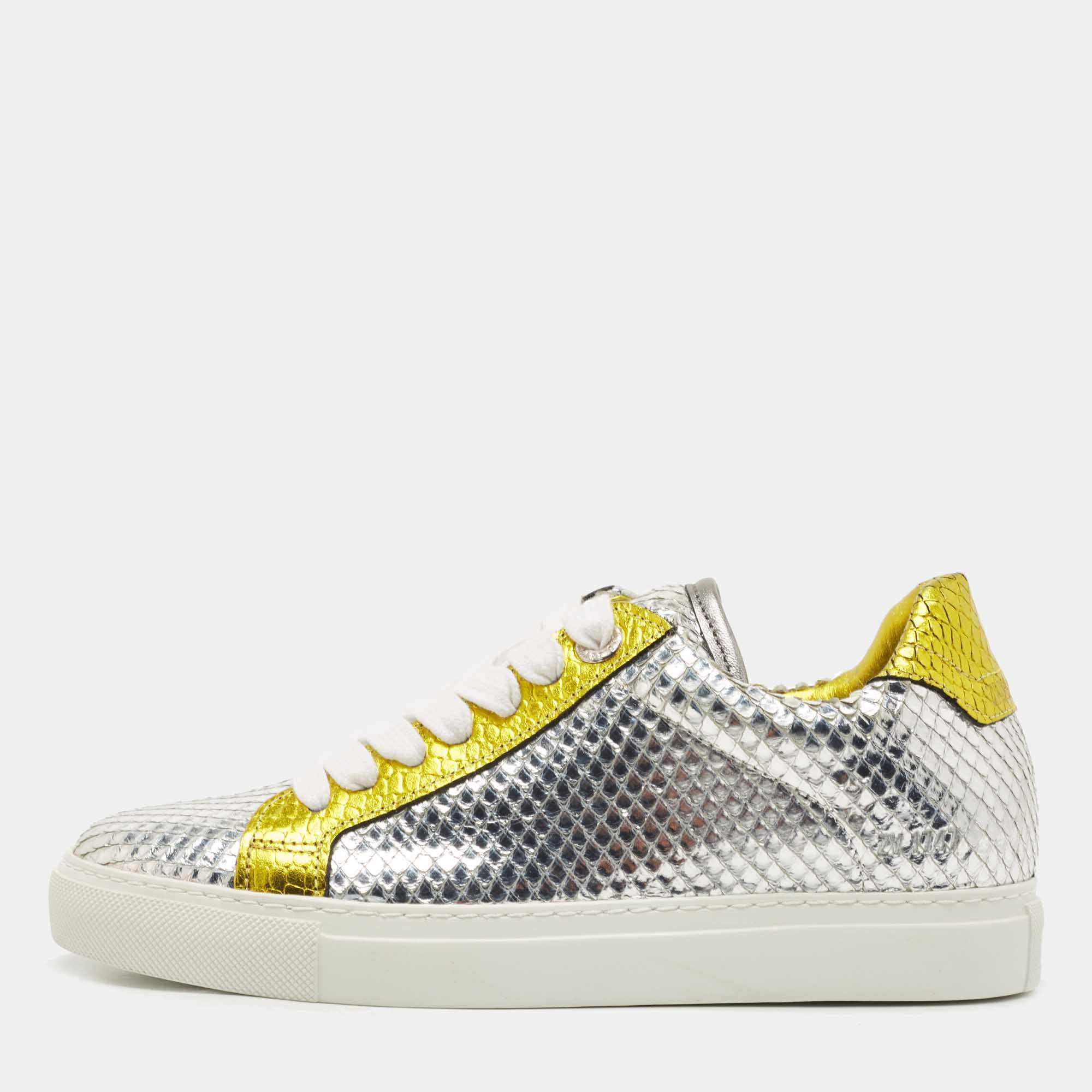 Zadig & Voltaire Silver/Gold Python Embossed Leather Low Top Sneakers Size 36