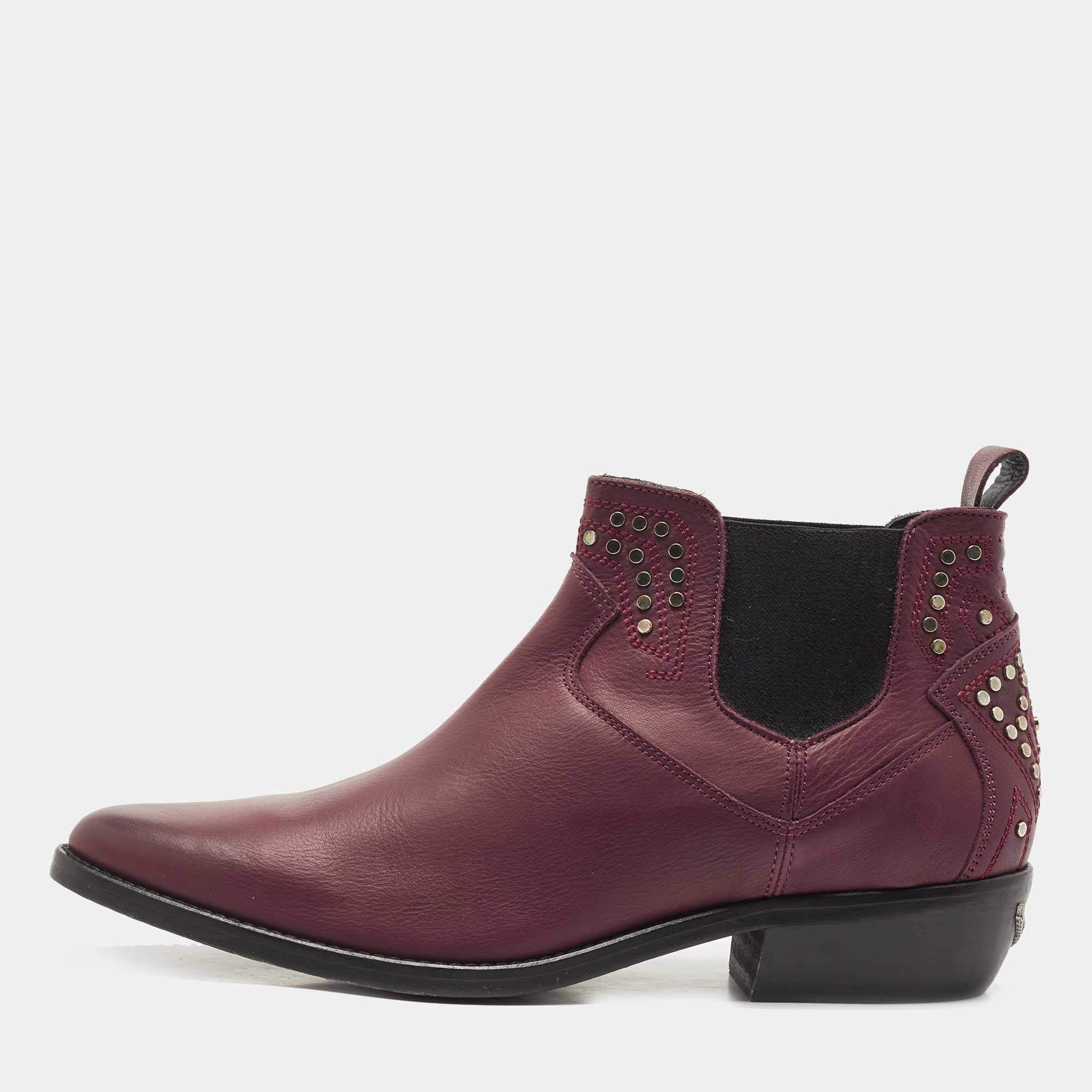 Zadig and Voltaire Burgundy Leather Studded Ankle Booties Size 41 Zadig ...