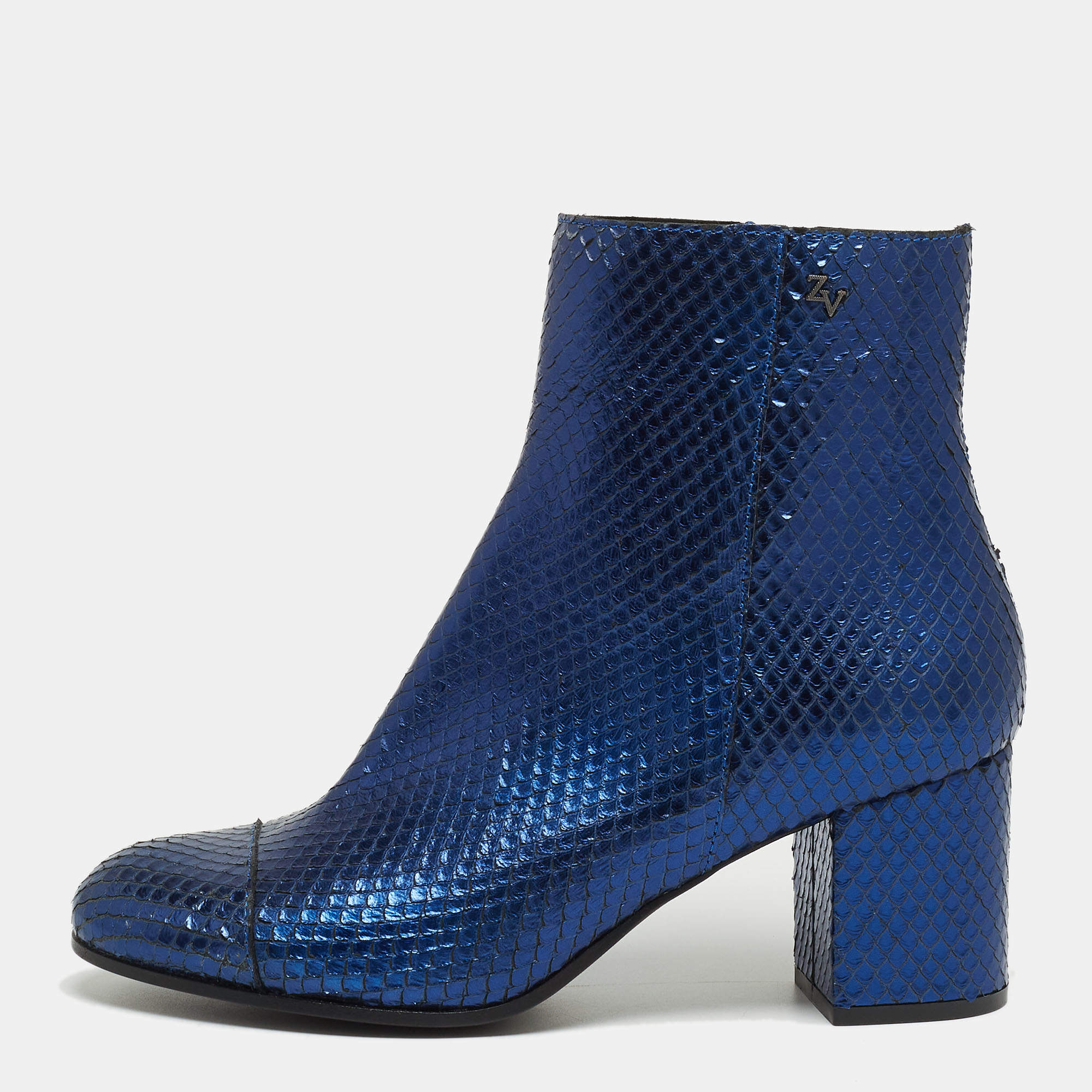 Zadiq & Voltaire Blue Python Embossed Leather Block Heel Ankle Booties Size 38