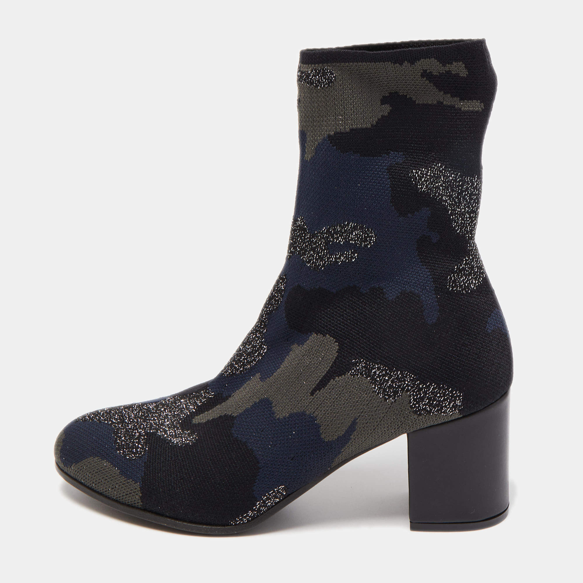 Pre Owned Zadig & Voltaire Blue/Black Camouflage Print Canvas Block Heel Ankle Length Booties Size 38