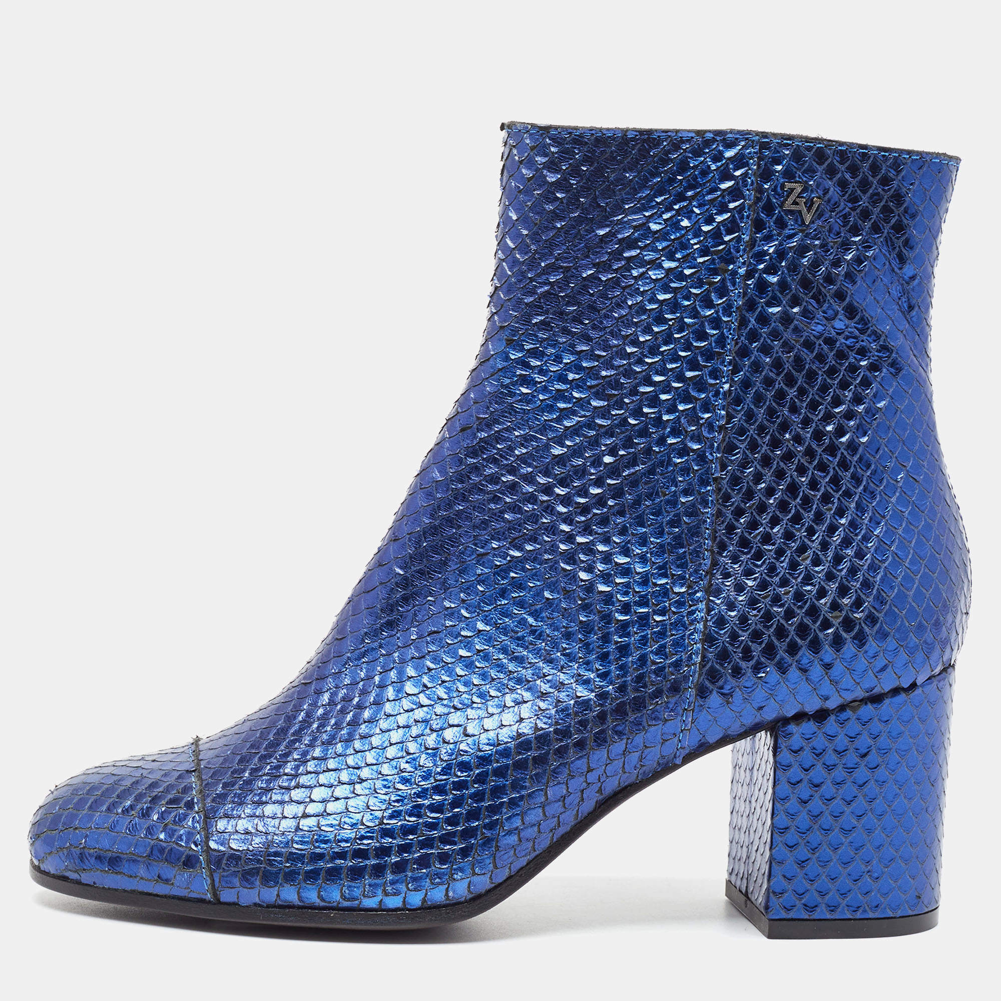 Zadiq Voltaire Blue Python Leather Block Heel Ankle Boots Size 37