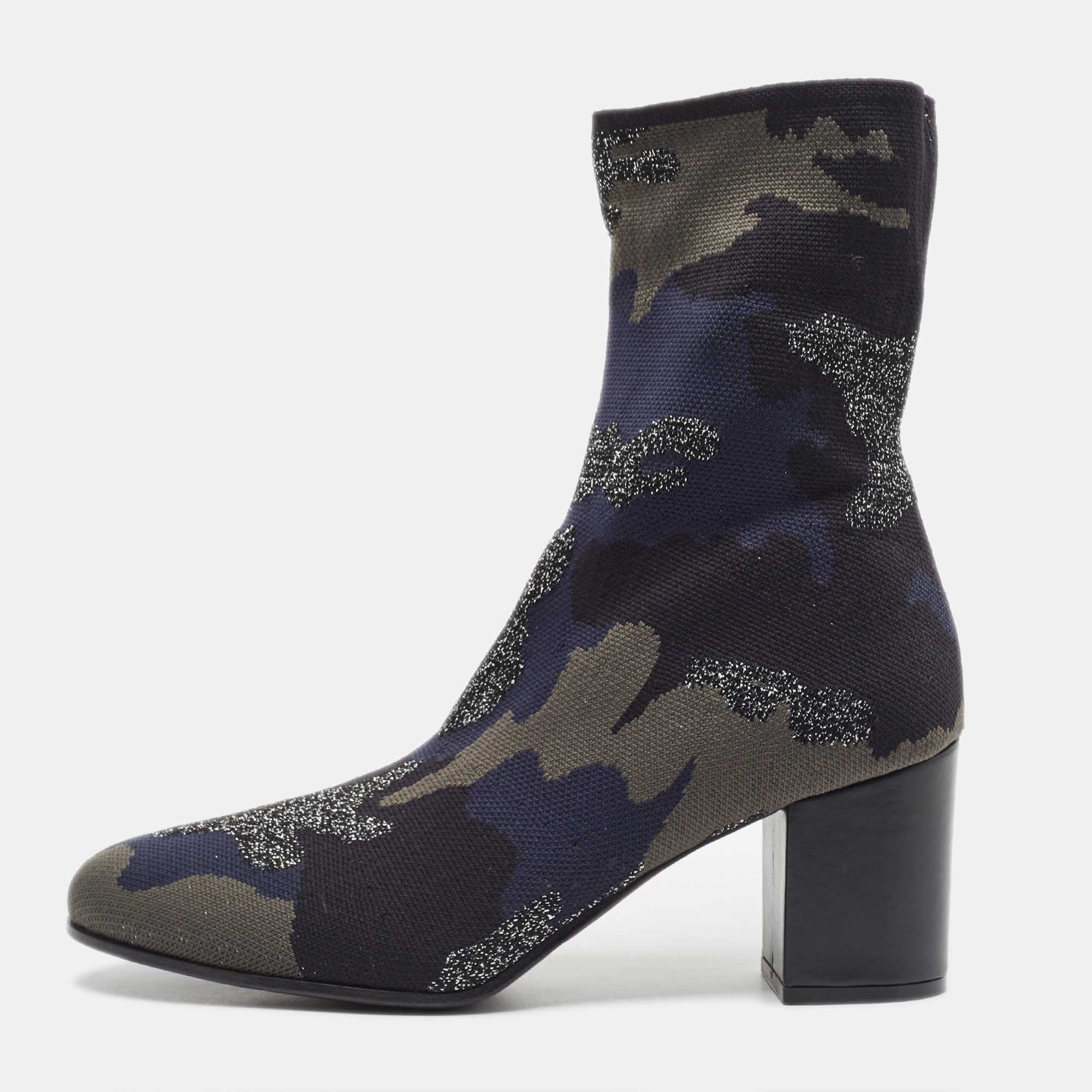Zadig & Voltaire Blue/Black Camouflage Print Canvas Block Heel Ankle Boots Size 40